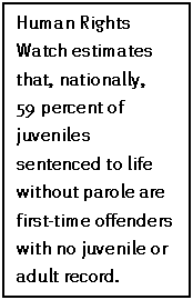 Text Box: Human Rights Watch estimates that, nationally,
59 percent of juveniles sentenced to life without parole are first-time offenders with no juvenile or adult record.
