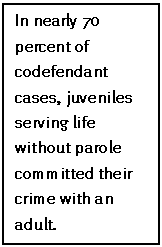 Text Box: In nearly 70 percent of codefendant cases, juveniles serving life without parole committed their crime with an adult.