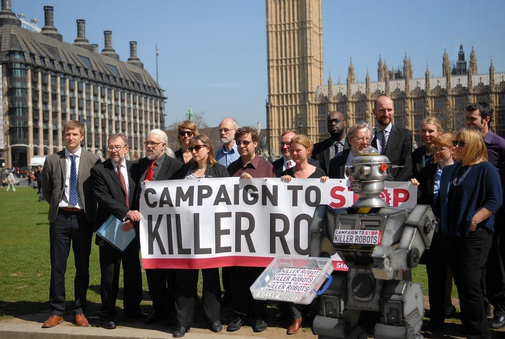 Peluncuran global Kampanye untuk Menghentikan Robot Pembunuh, atau Campaign to Stop Killer Robots, di London, 23 April 2013. 