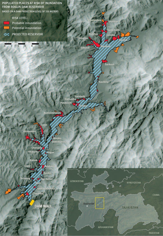 Areas at risk from the Rogun Dam reservoir.