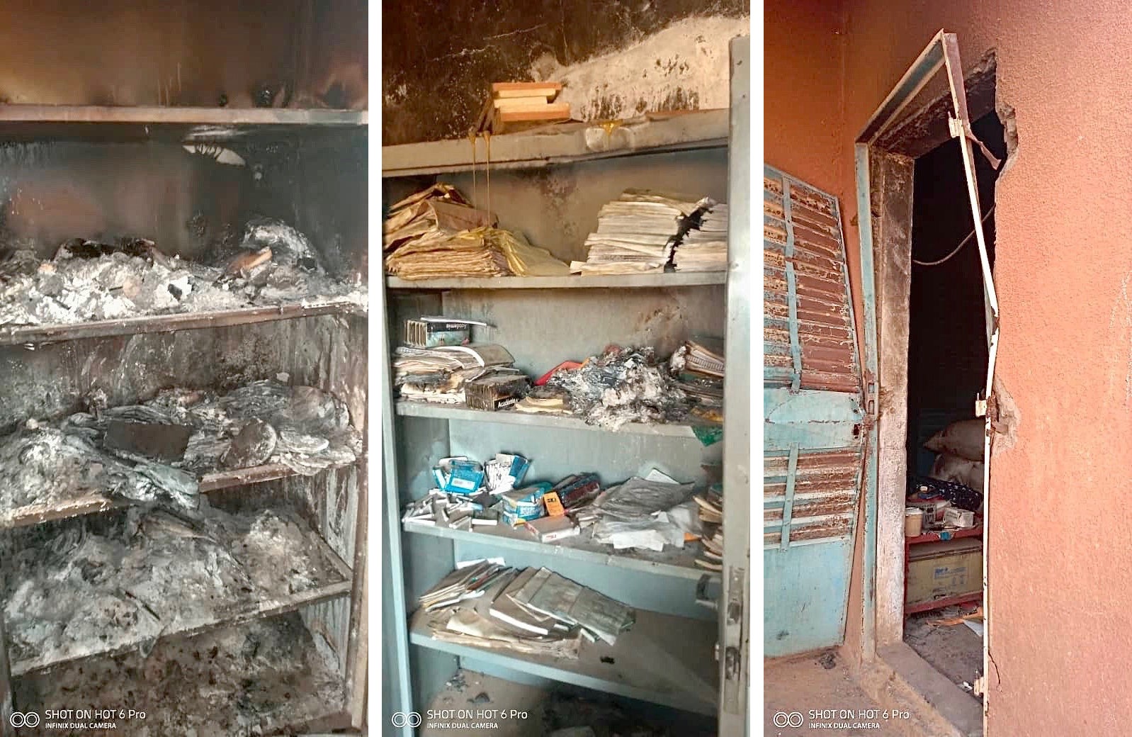 Burned books and a broken door