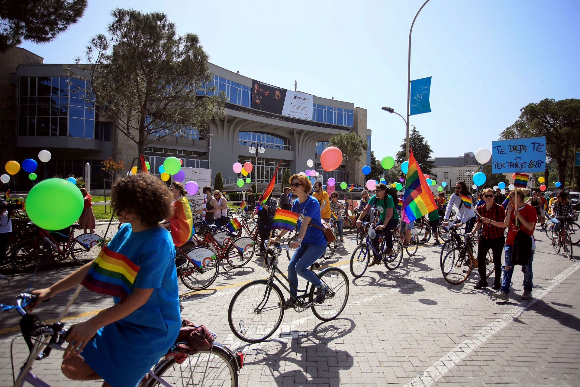 Participants ride bikes during the Gay Pride Parade in Tirana, Albania, May 13, 2017. 