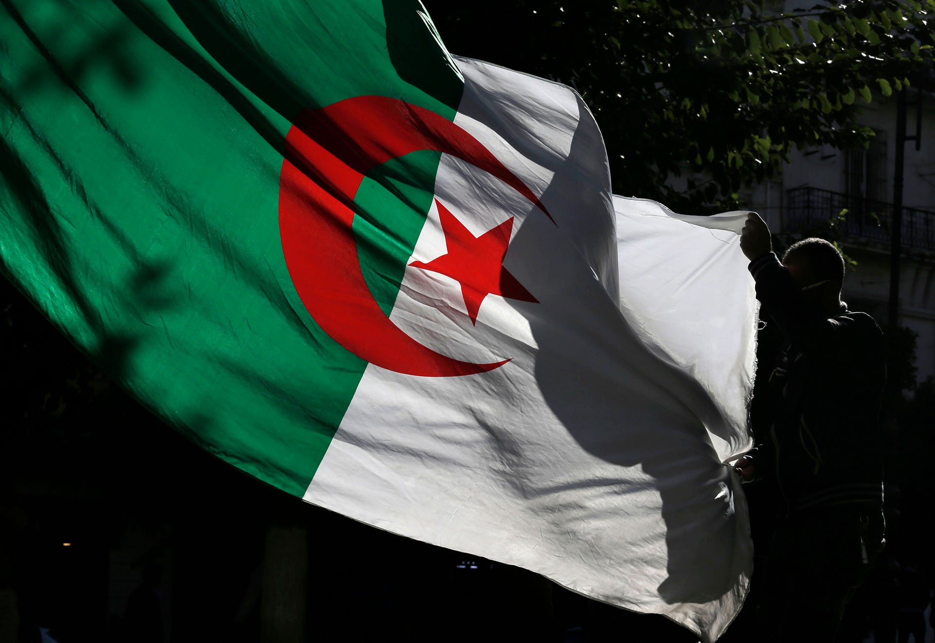 An Algerian demonstrator holds the Algerian national flag as he stage a protest against the government in Algiers, Algeria, Friday, Nov.29, 2019. 