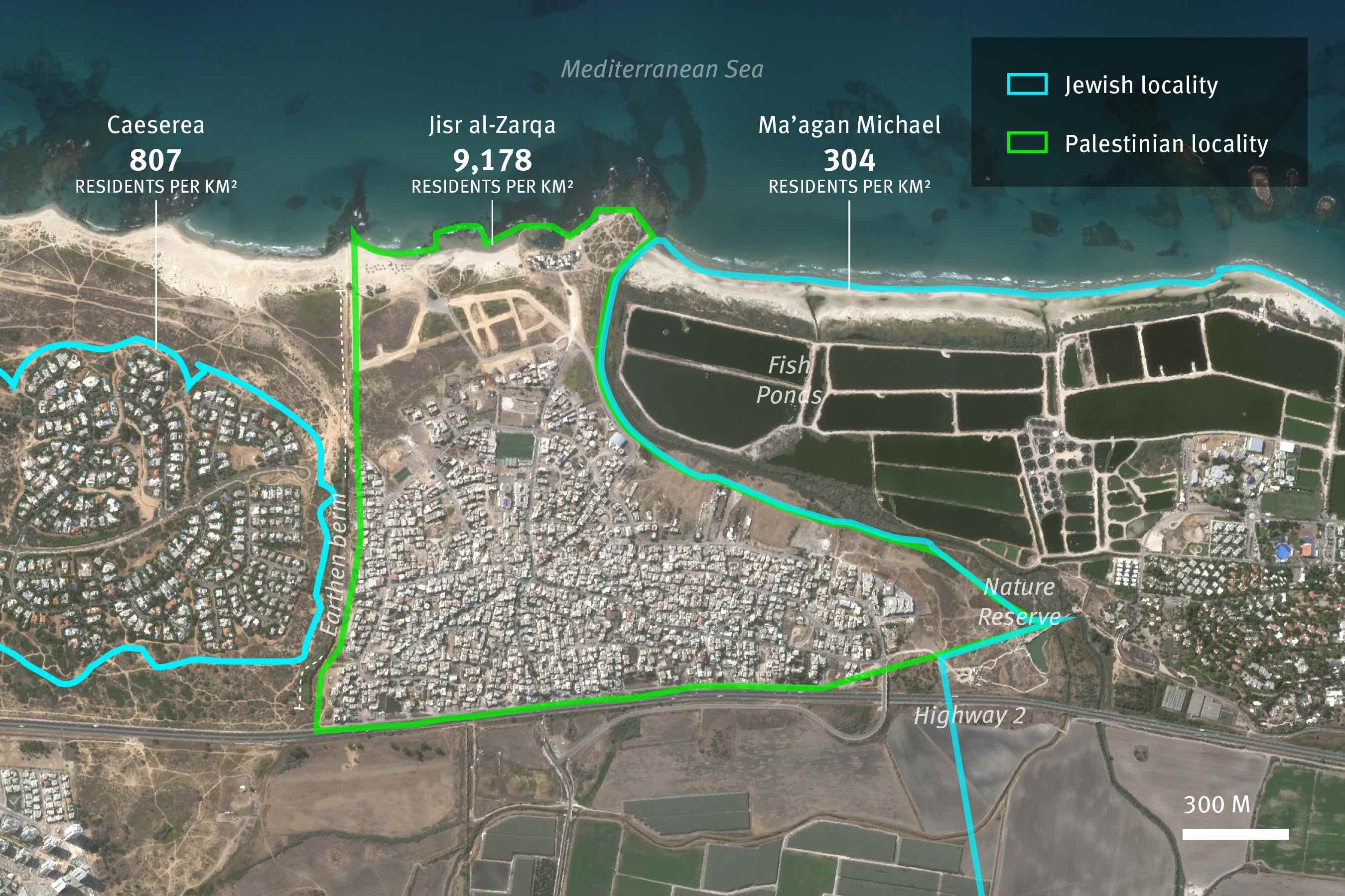 The population density of the Palestinian town of Jisr al-Zarqa and of the predominantly Jewish communities it borders to the north and south. Satellite image recorded on October 27, 2019.