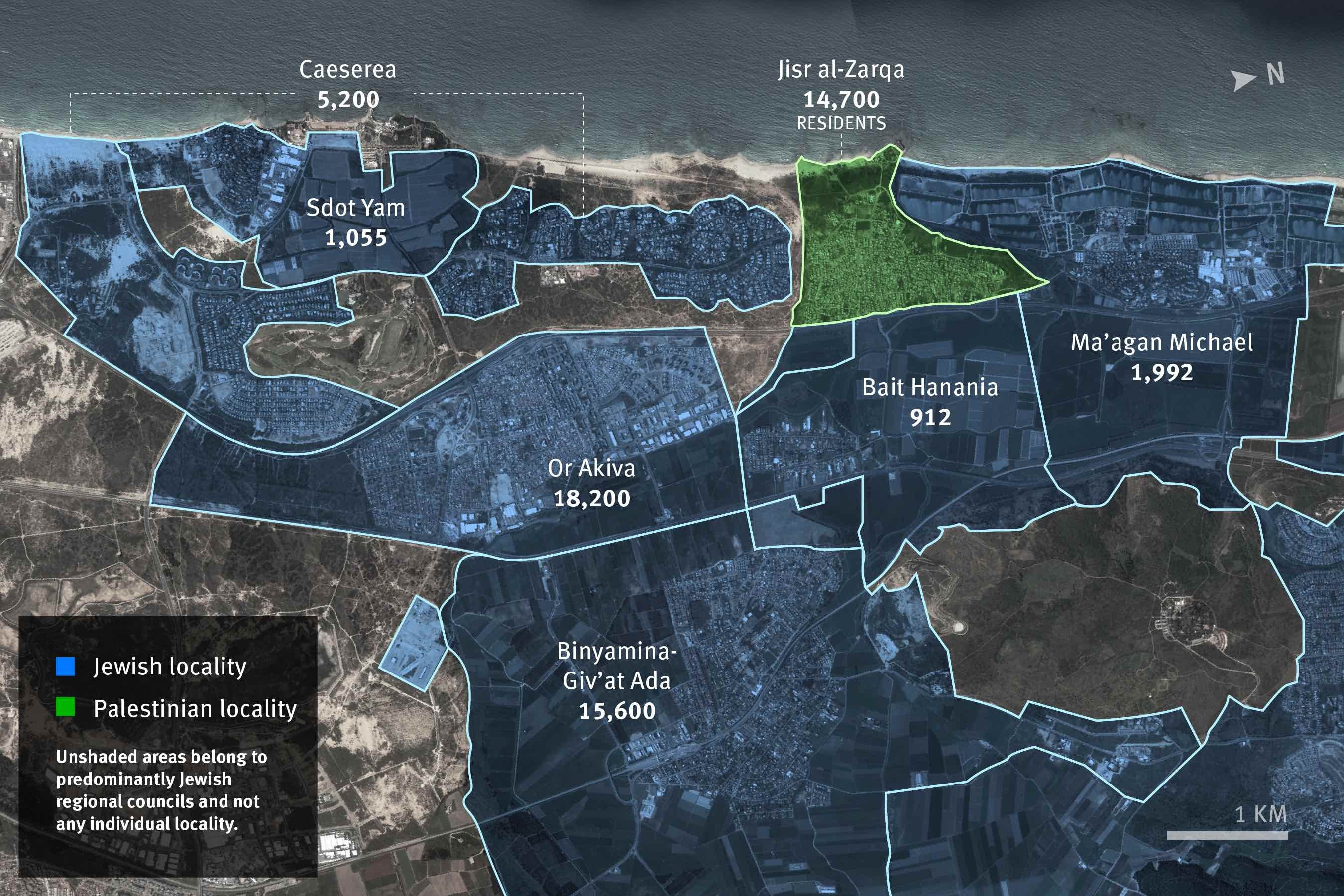 The Palestinian town of Jisr al-Zarqa and neighboring predominantly Jewish communities. Data from the Israel Central Bureau of Statistics. Satellite image recorded on October 27, 2019.
