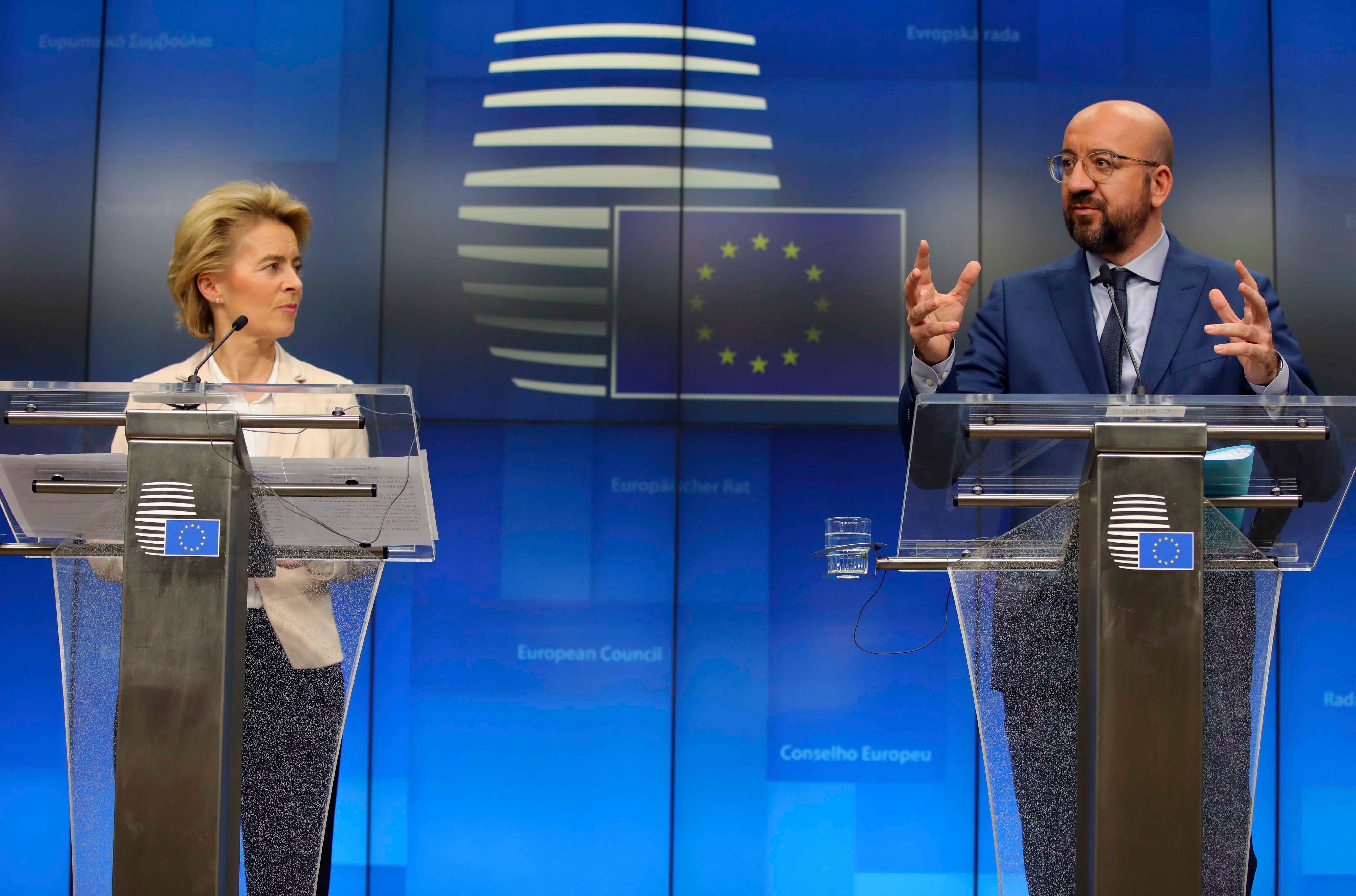 European Commission President Ursula von der Leyen and European Council President Charles Michel participate in a media conference after a meeting with Turkish President Recep Tayyip Erdogan at the European Council building in Brussels, March 9, 2020.  