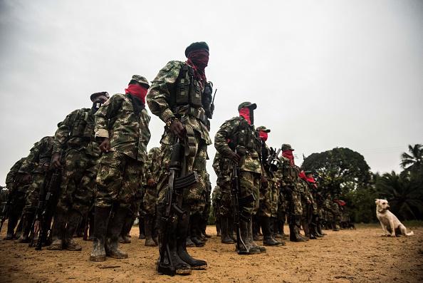 National Liberation Army (ELN) guerrilla members line up in their camp on the banks of the San Juan River, Chocó state, Colombia, on November 21, 2017. 