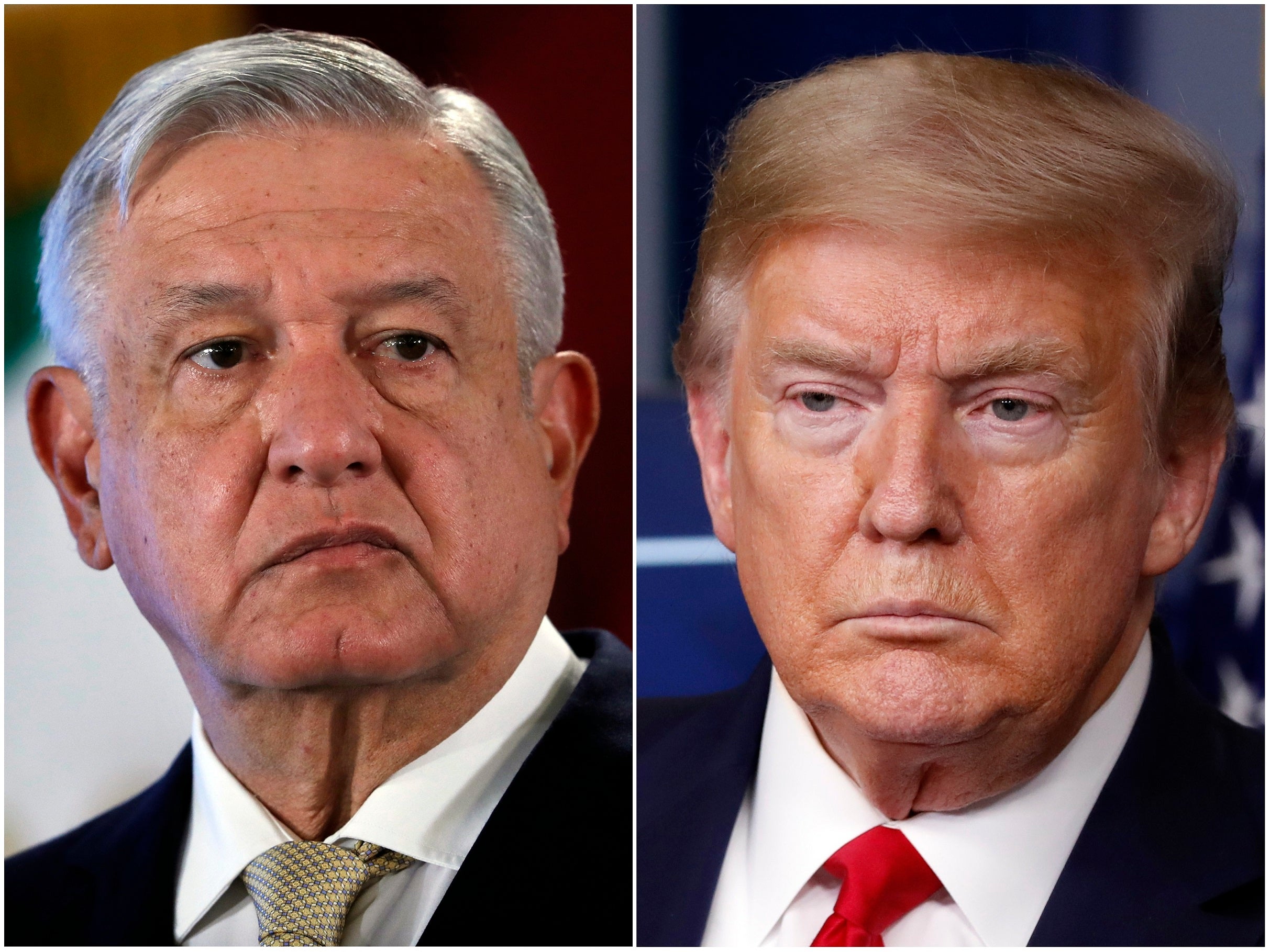 El presidente mexicano, Andrés Manuel López Obrador, a la izquierda, el 29 de noviembre de 2019 en Ciudad de México, y el presidente estadounidense Donald Trump el 17 de abril de 2020 en Washington, DC.