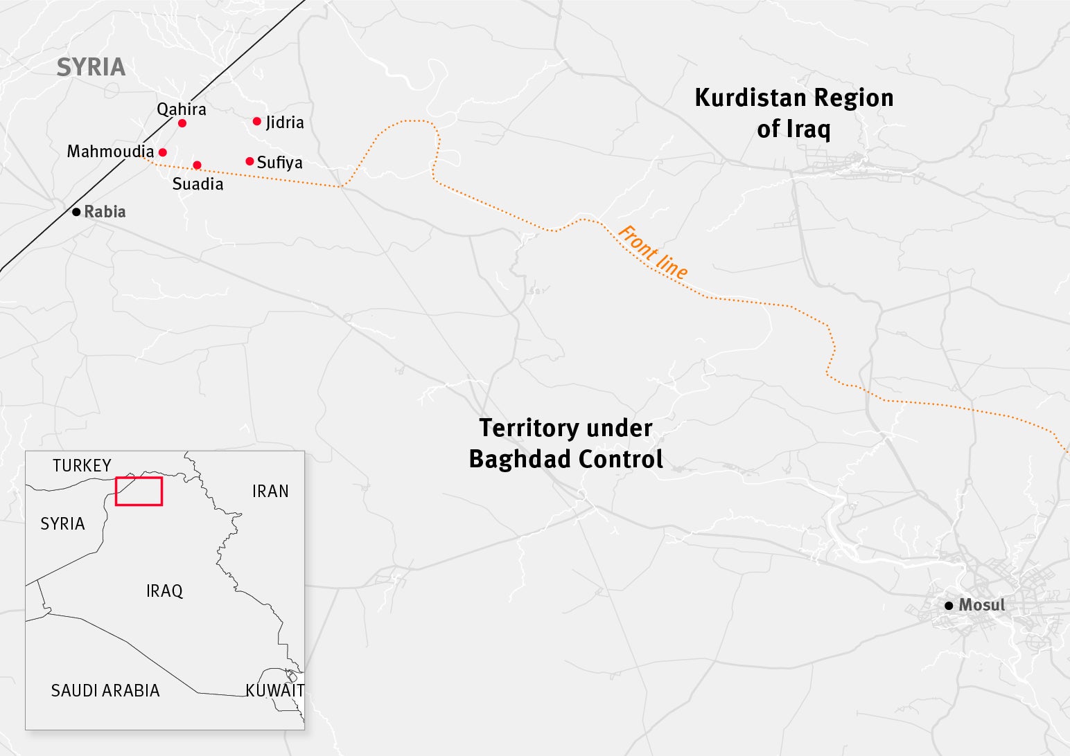 Map of five villages in Rabia subdistrict that the Kurdistan Regional Government has prevented Arab residents from returning to. 