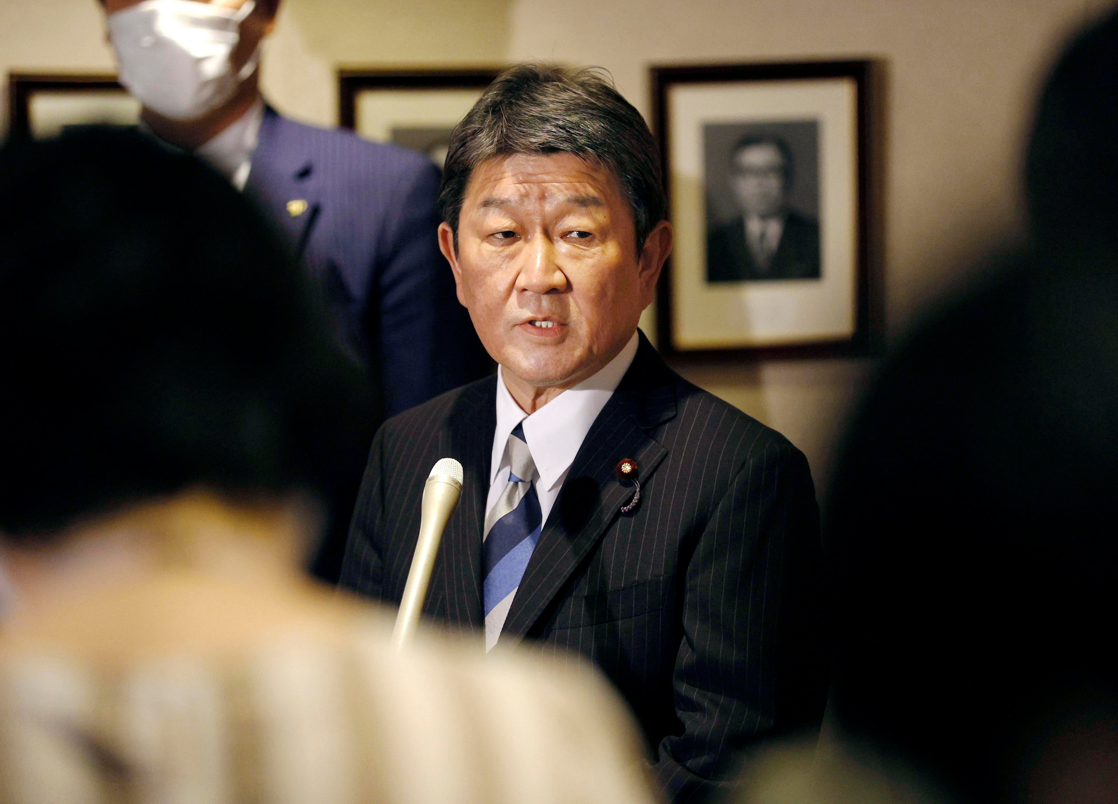 Japanese Foreign Minister Toshimitsu Motegi meets the media in Tokyo on May 28, 2020. 