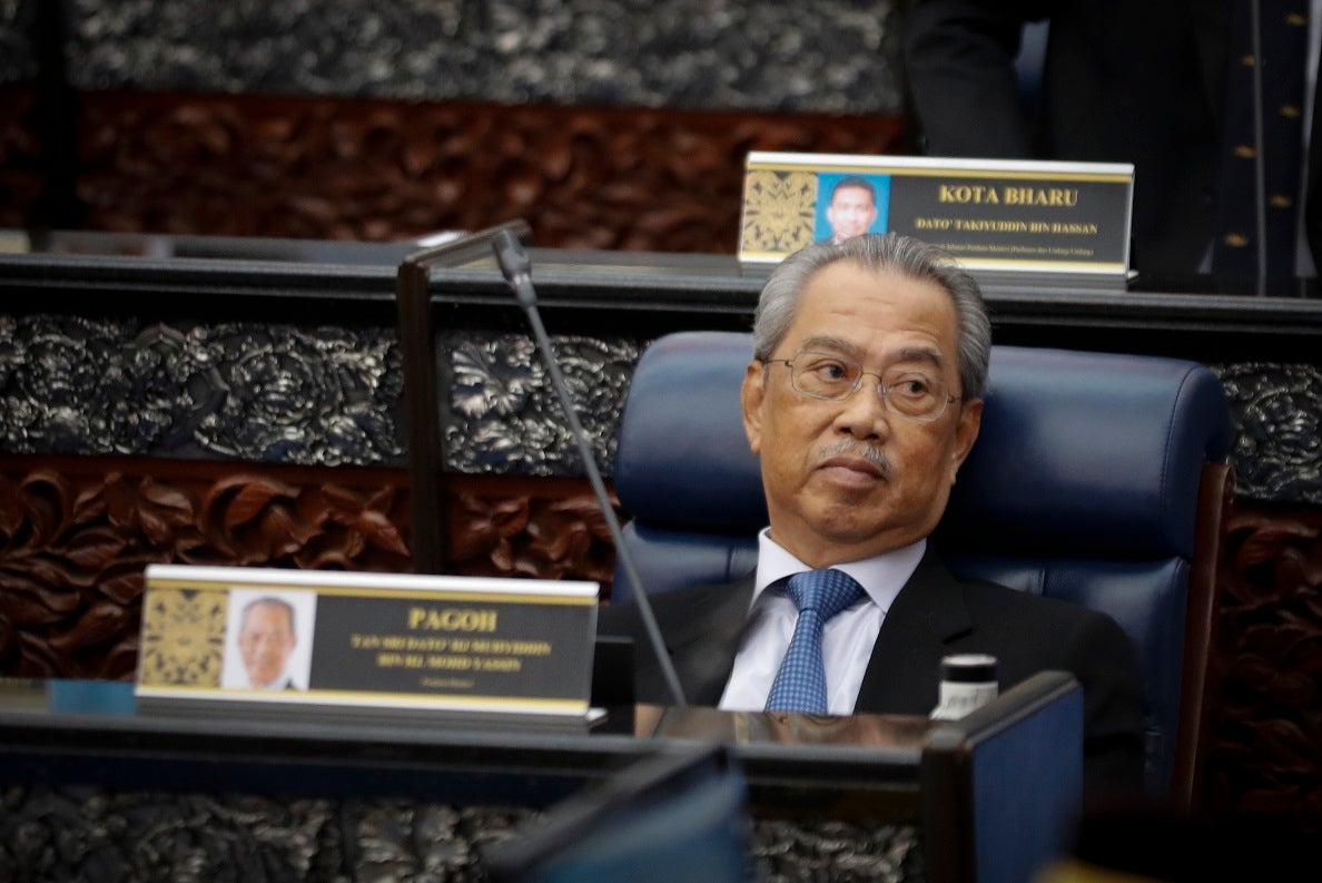 Prime Minister Muhyiddin Yassin attending parliament session at parliament lower house in Kuala Lumpur, Malaysia, Monday, July 13, 2020.