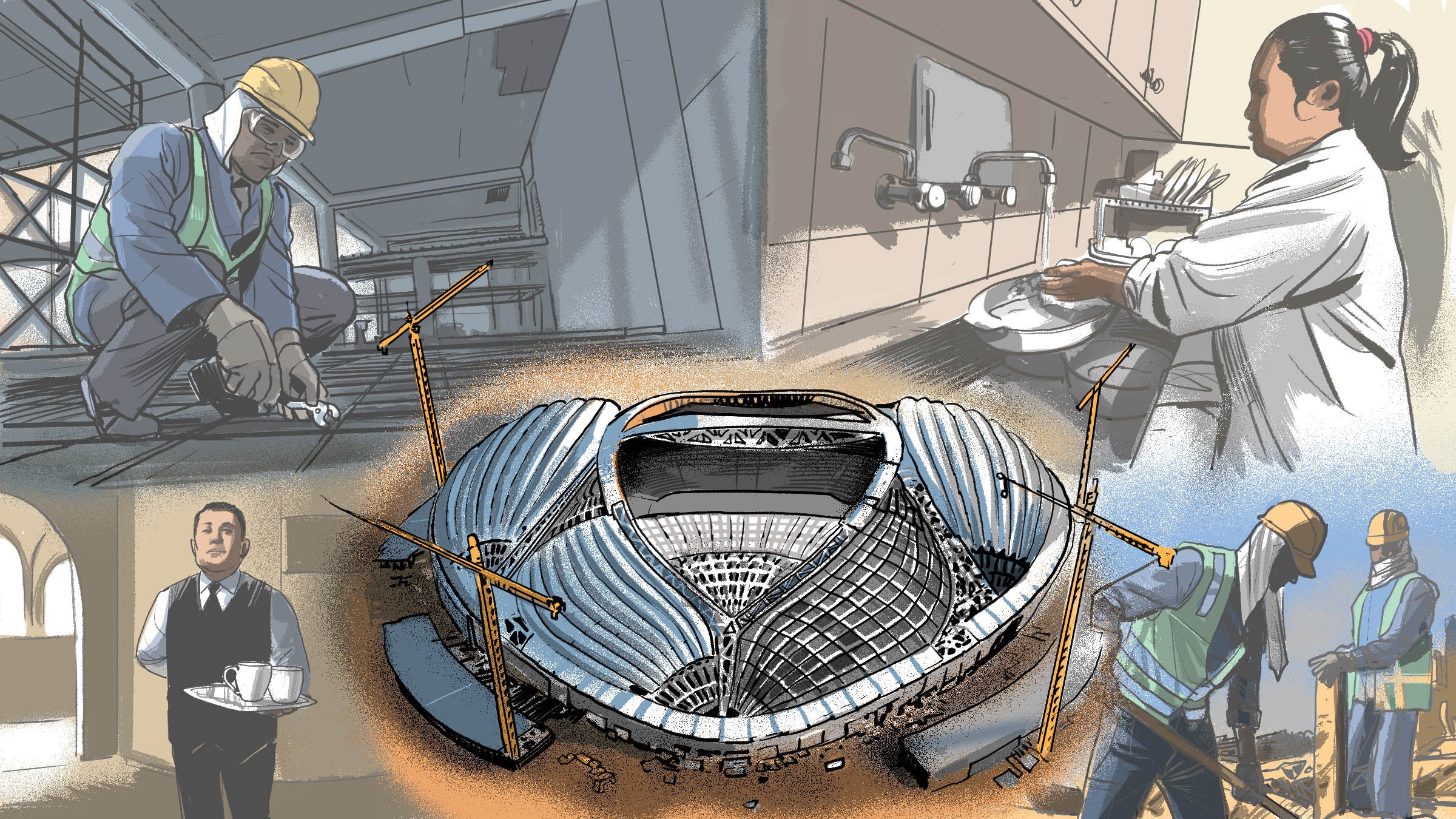 A collage illustration of a football stadium surrounded by migrant workers doing tasks