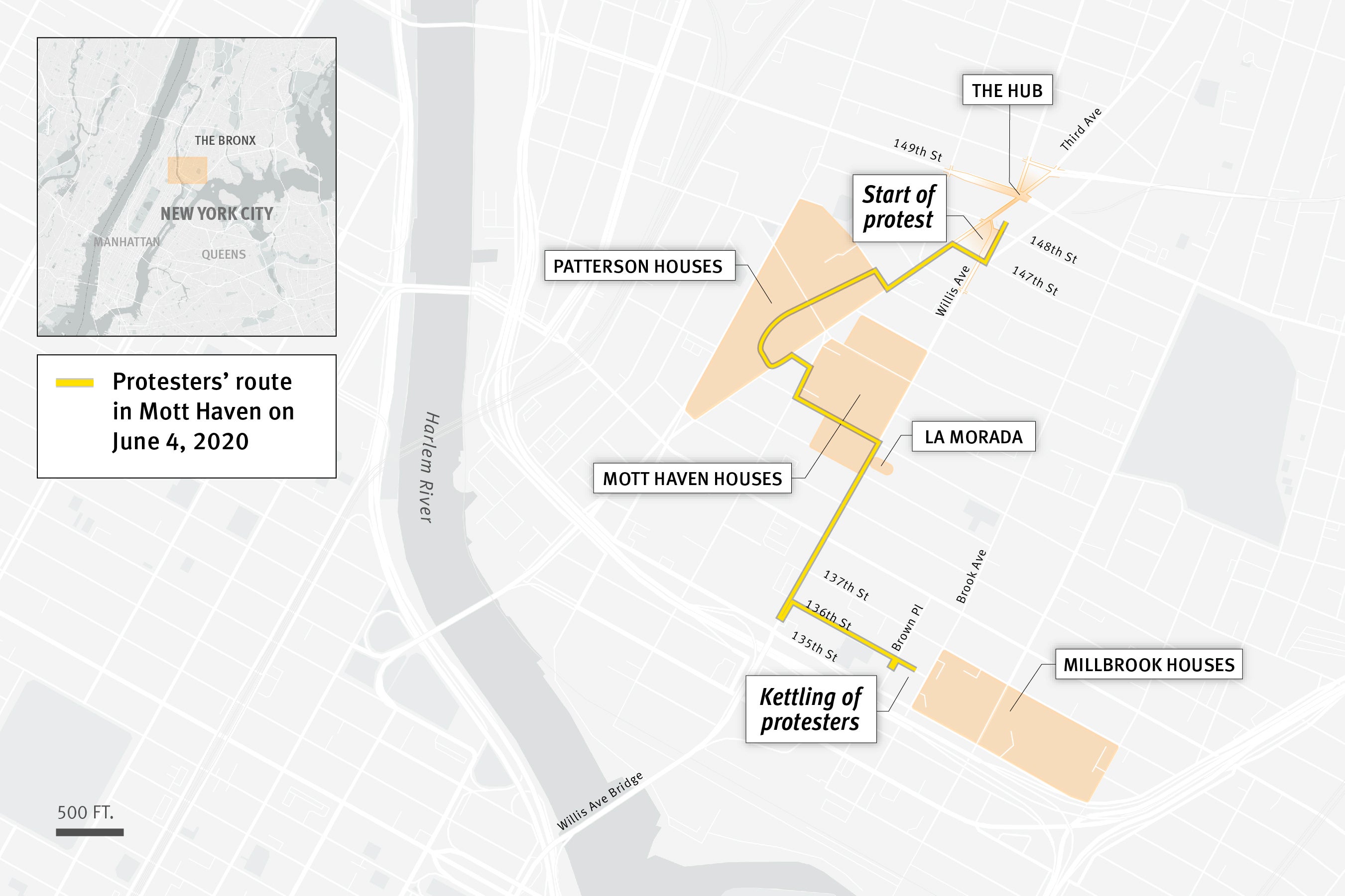 A map of the protest route in Mott Haven
