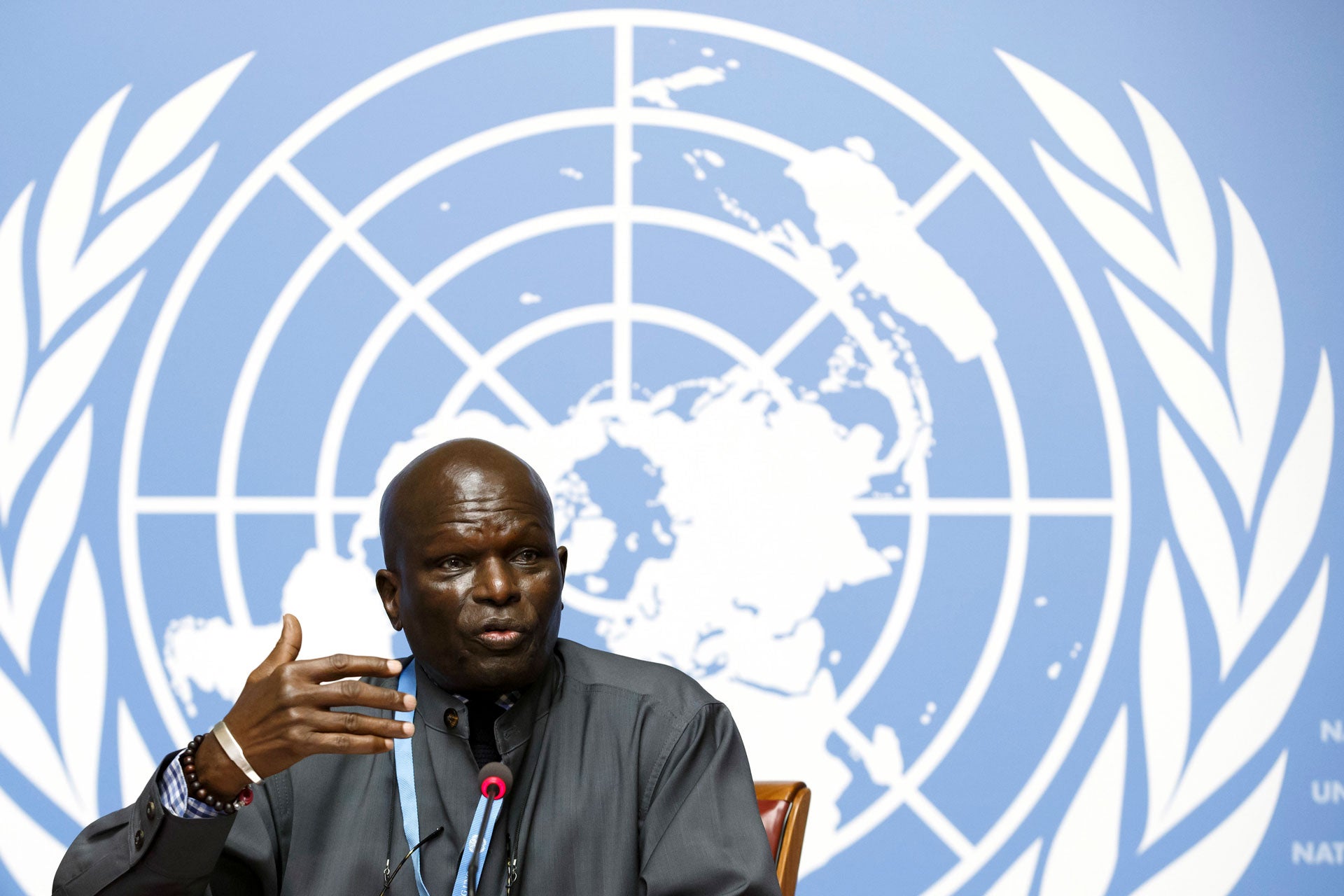 Doudou Diene, Président de la Commission d'enquête des Nations Unies sur le Burundi, lors d'une conférence de presse au Conseil des droits de l'homme des Nations Unies à Genève, Suisse, le 5 septembre 2018.