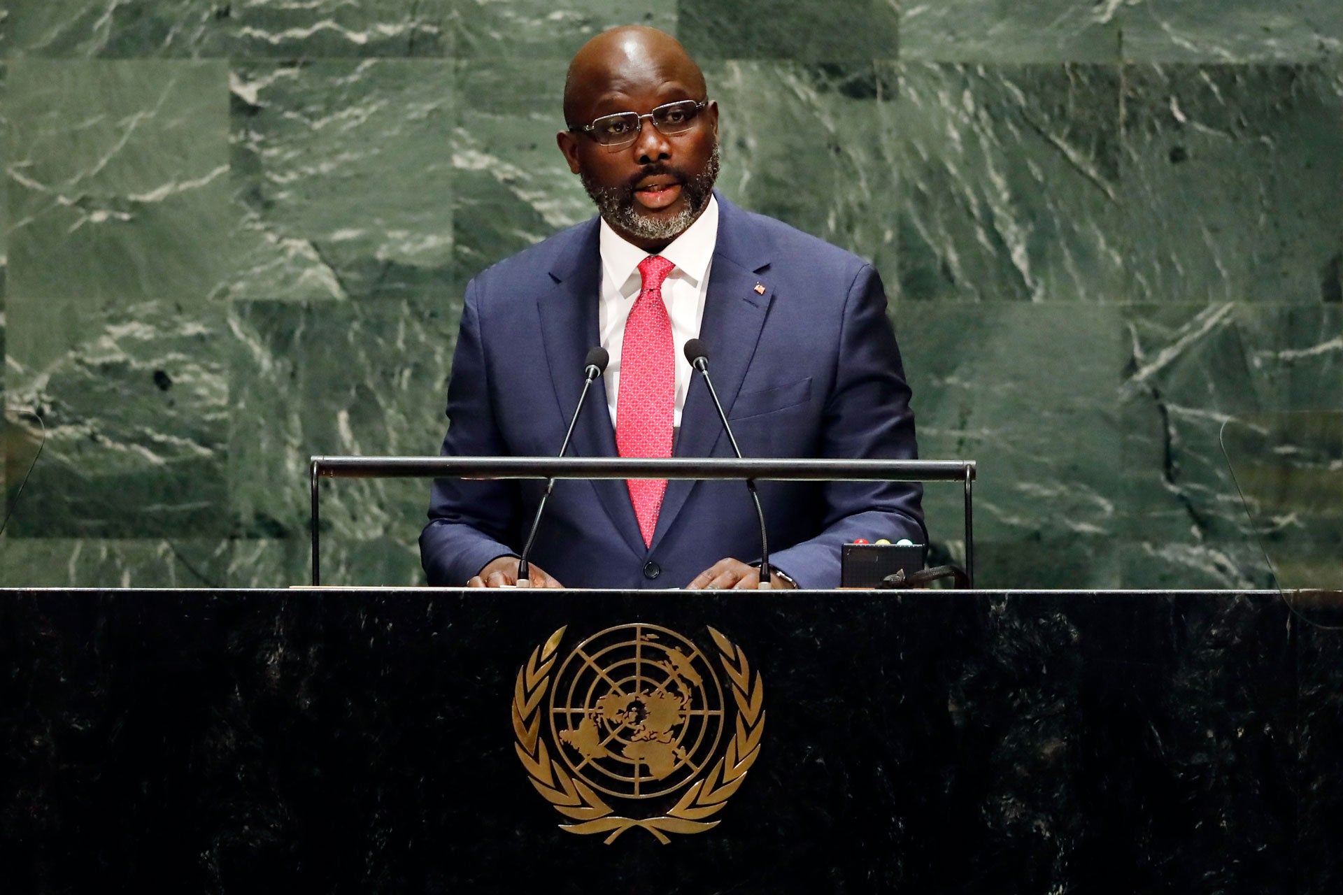 Liberia's President George Manneh Weah addresses the 74th session of the United Nations General Assembly, September 25, 2019. 