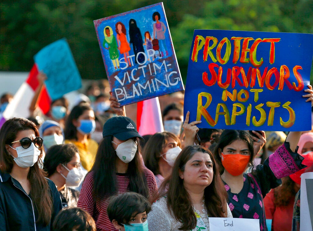 Women demonstrate to condemn the police response to the of rape of a woman by a highway, Islamabad, Pakistan, September 12, 2020. 