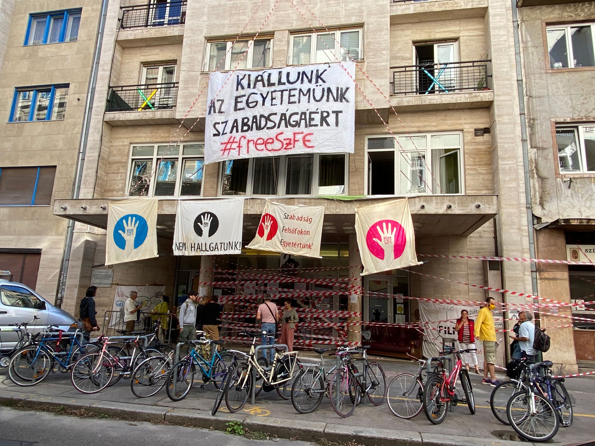 Students barricading themselves at the University of Theatre and Film Arts, displaying banners reading, “We stand up for the freedom of our university” and “We won’t stay silent,” Budapest, Hungary, September 2, 2020.
