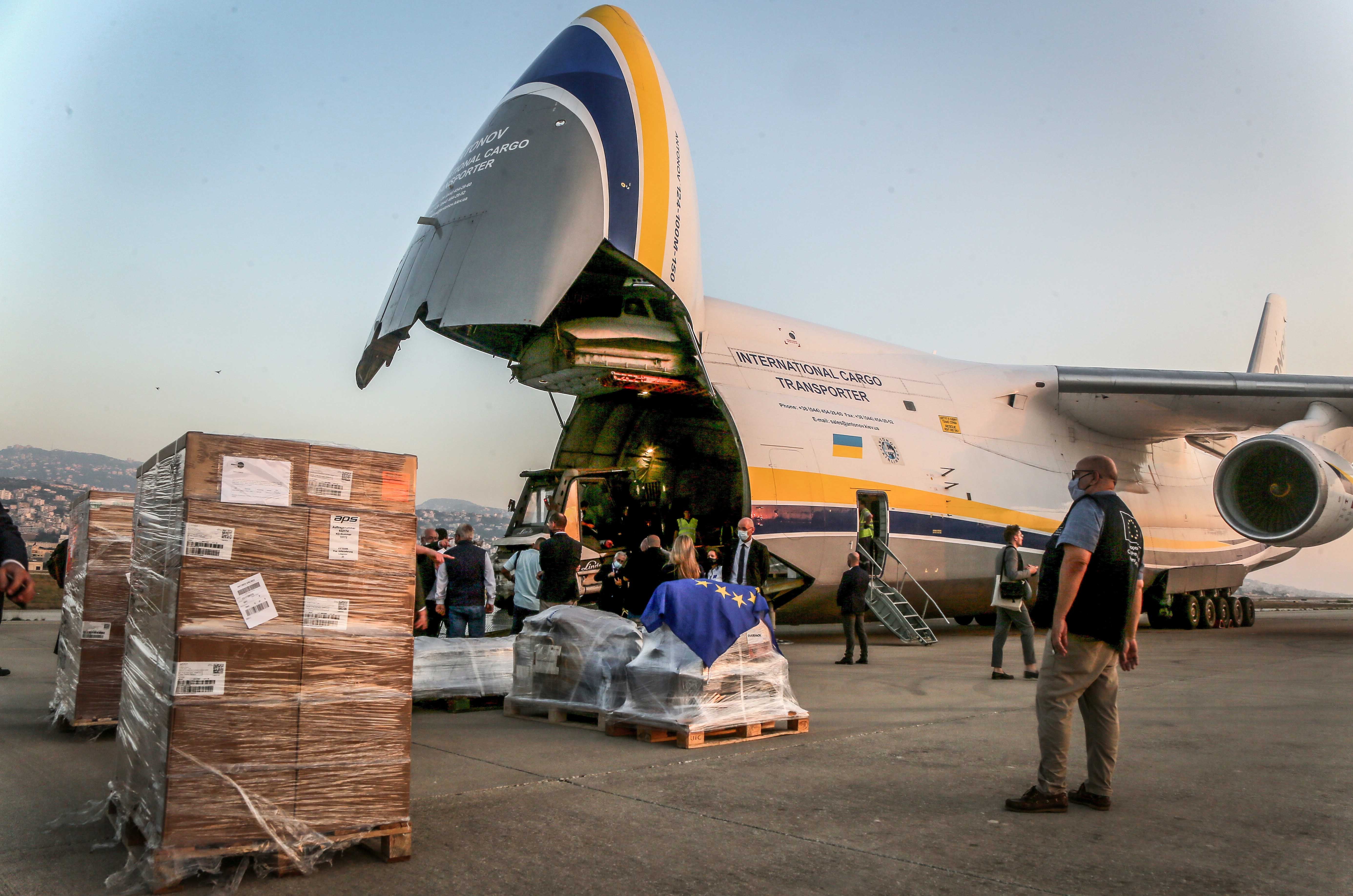 Aid from the European Union is being unloaded from a cargo plane at Beirut-Rafic Hariri International Airport on September 12, 2020.