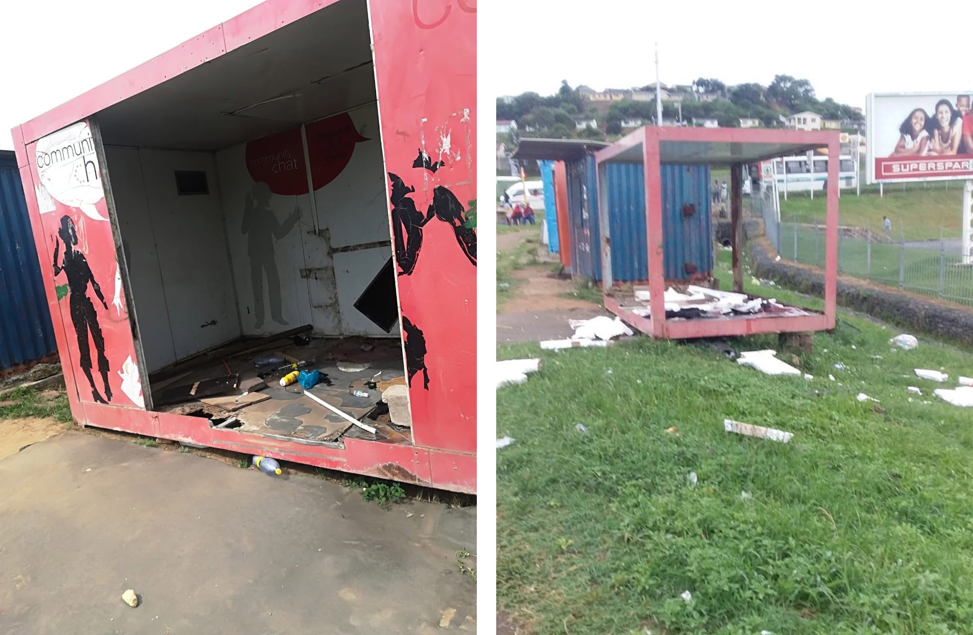 Two photos of a destroyed shipping container