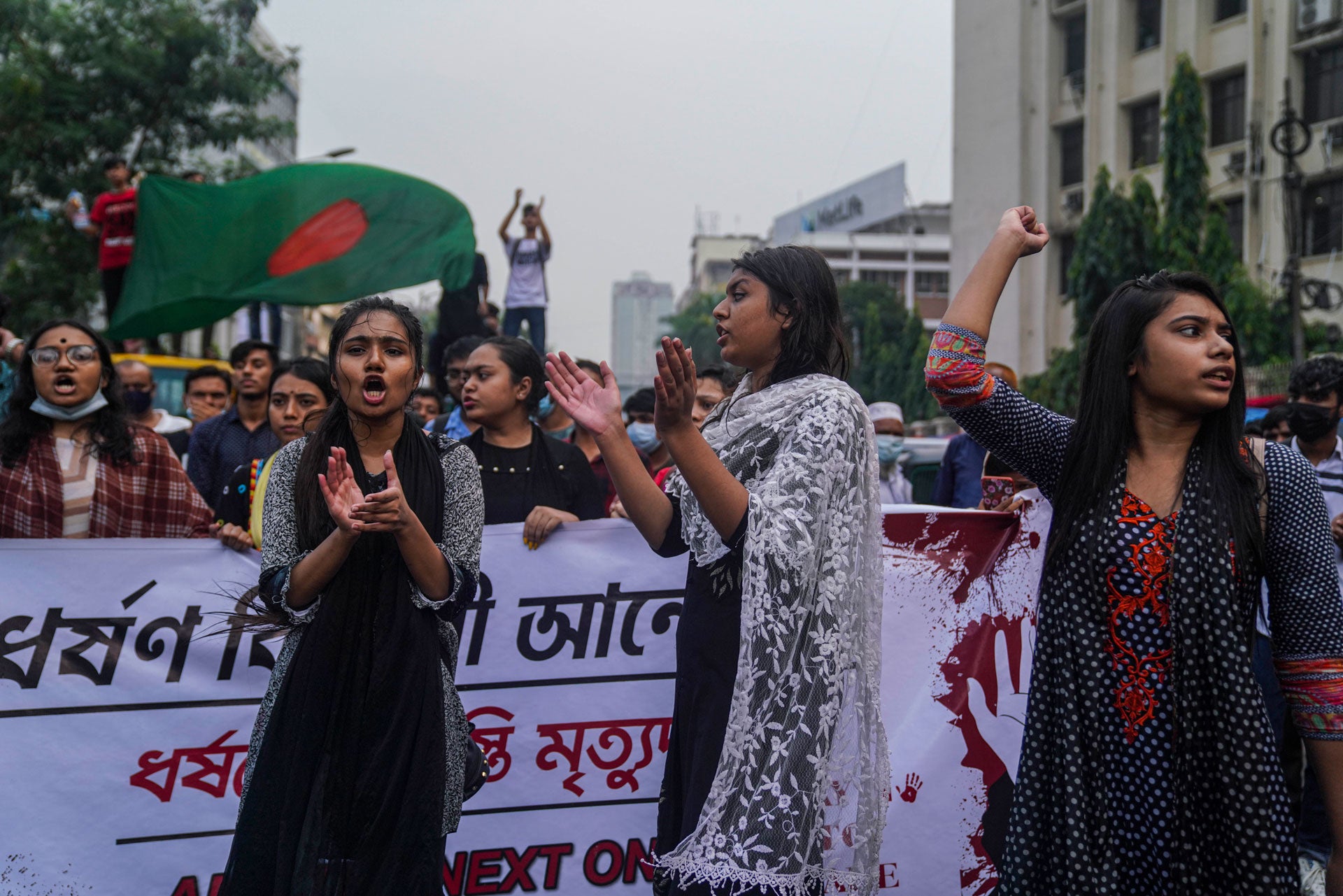 Students protest against an alleged gang-rape and brutal torture of a woman in the southern district of Noakhali, in Dhaka, Bangladesh on October 8, 2020. 