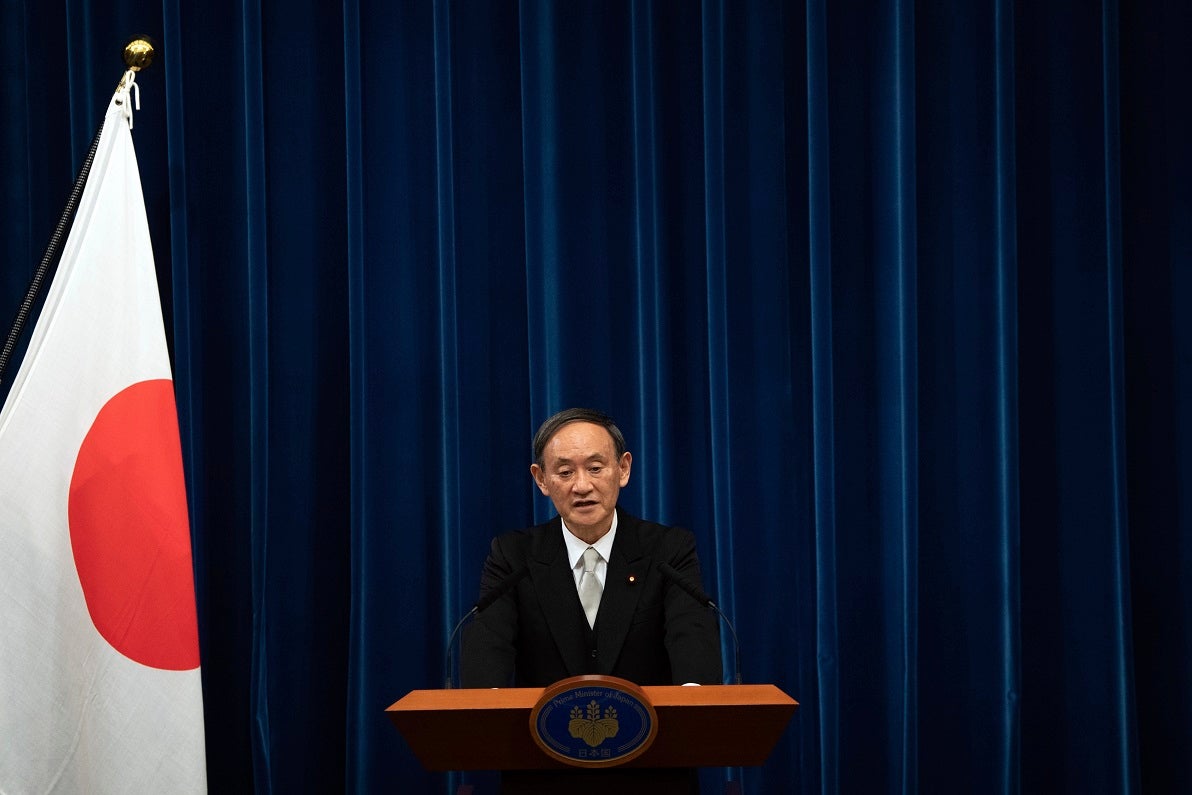 Japan's new Prime Minister Yoshihide Suga speaks during a press conference at the prime minister's official residence Wednesday, Sept. 16, 2020 in Tokyo, Japan.