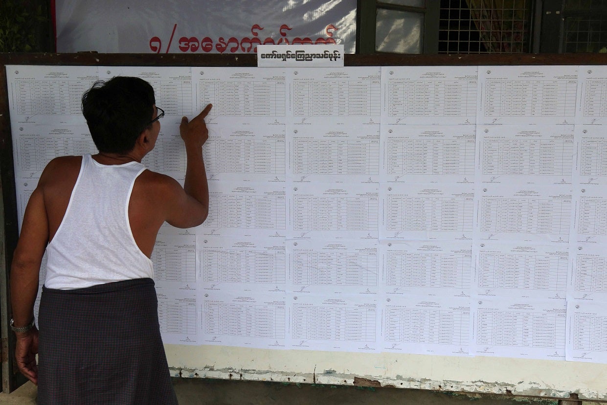 A resident checks voting lists at an administrative office in Yangon ahead of Myanmar’s upcoming general election, July 25, 2020. 