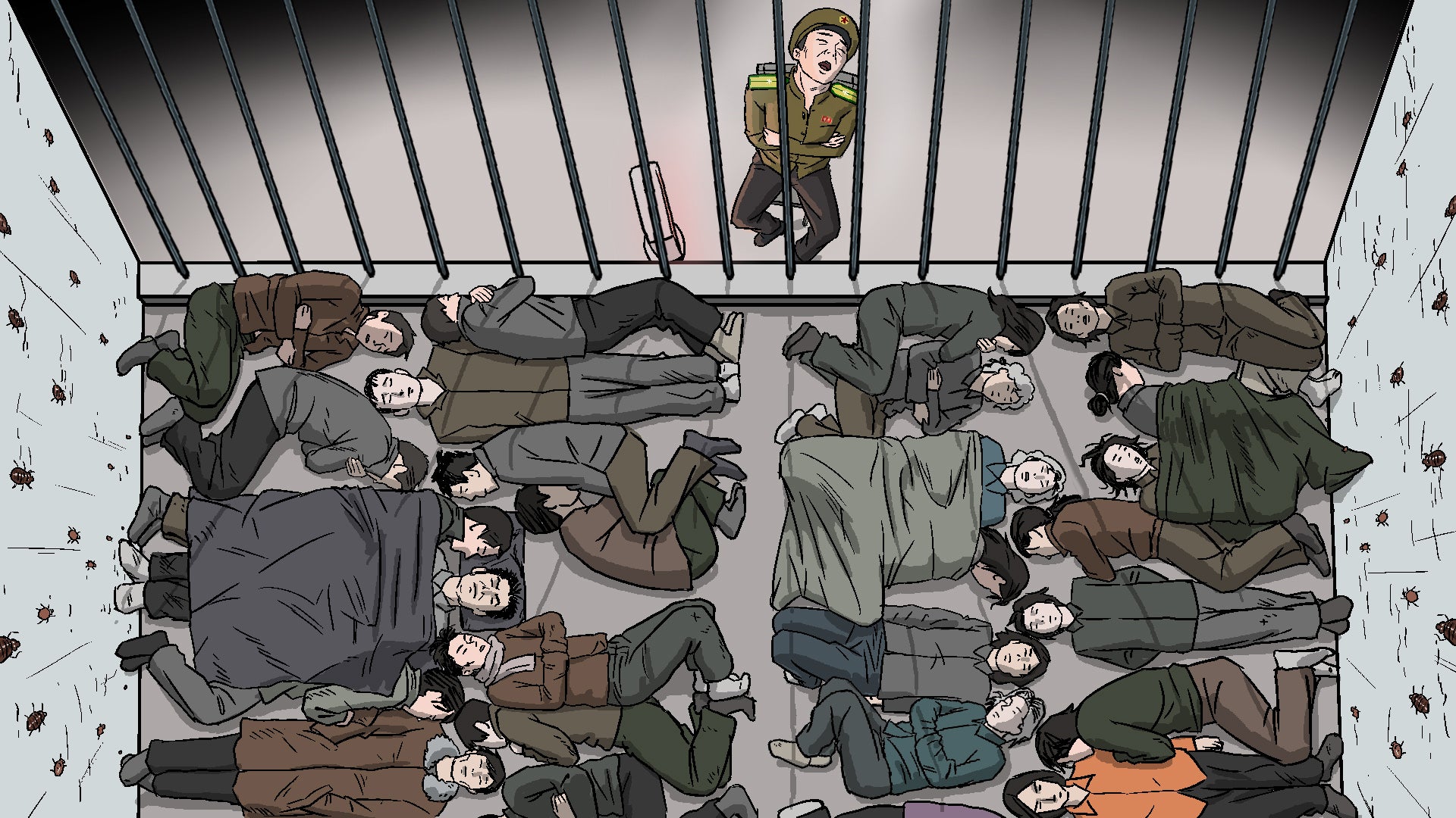 Ce dessin montre une cellule bondée d'un centre nord-coréen de détention provisoire et d'interrogatoires (« kuryujang »). L’illustration est basée sur des témoignages d'anciens détenus recueillis par Human Rights Watch, ainsi que sur l'expérience personnelle du dessinateur, qui a lui-même été détenu dans l’un de ces centres. 