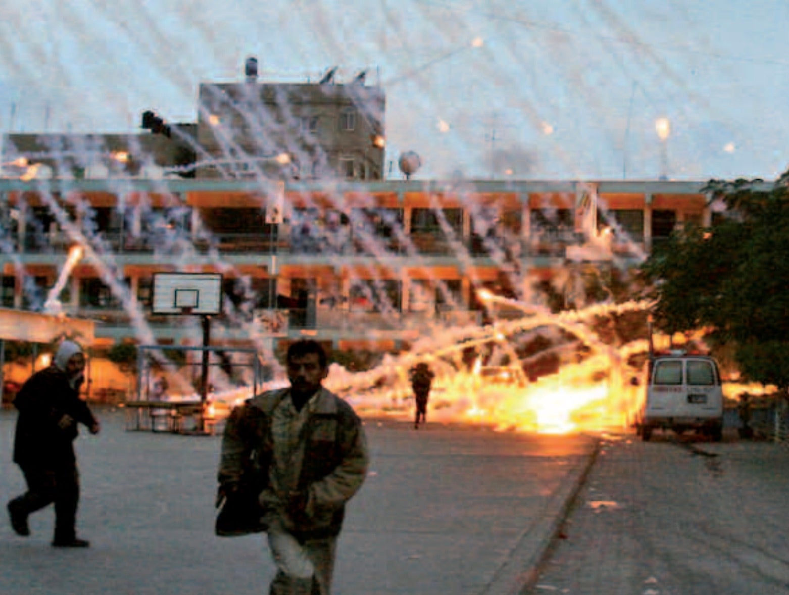 The Israel Defense Forces fired at least three white phosphorus shells above this UN-run school in Beit Lahiya on January 17, 2009, killing two and wounding 14. The school was housing about 1,600 displaced persons at the time. 