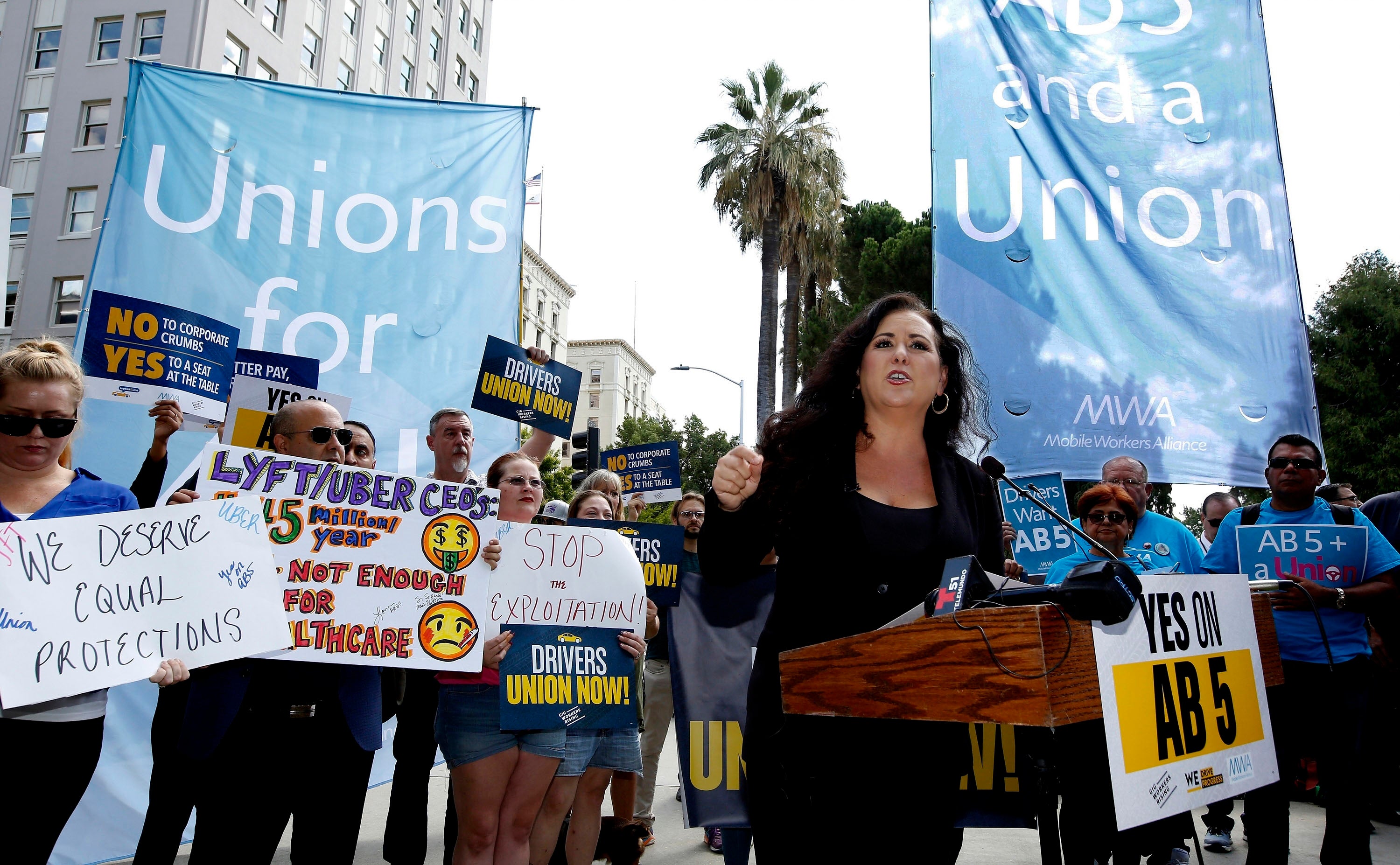 Rally in California calling for the passage of Assembly Bill 5, a law that sought to provide wage and labor protections to gig workers.