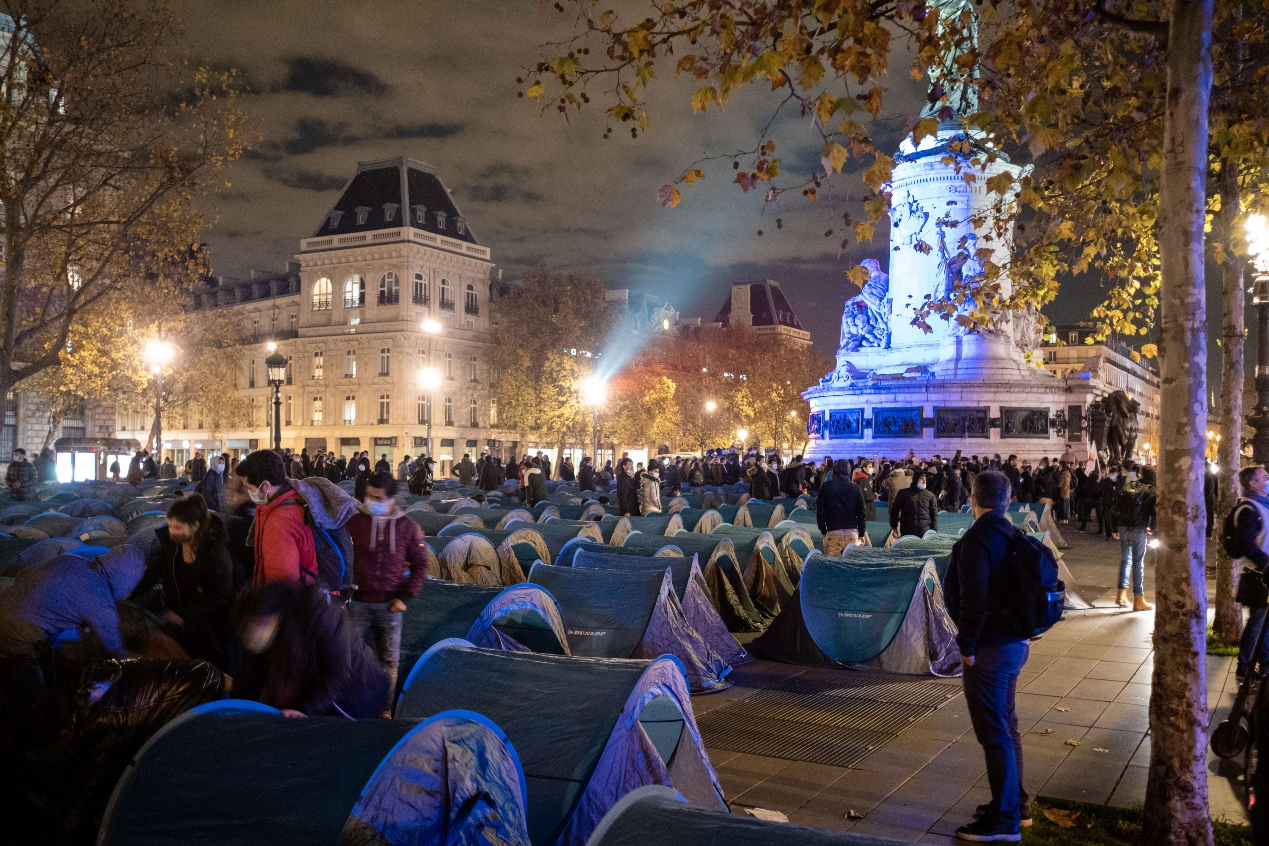500 tents to shelter migrants were set up on Place de la République in Paris on November 23, 2020, before being violently dismantled by police forces
