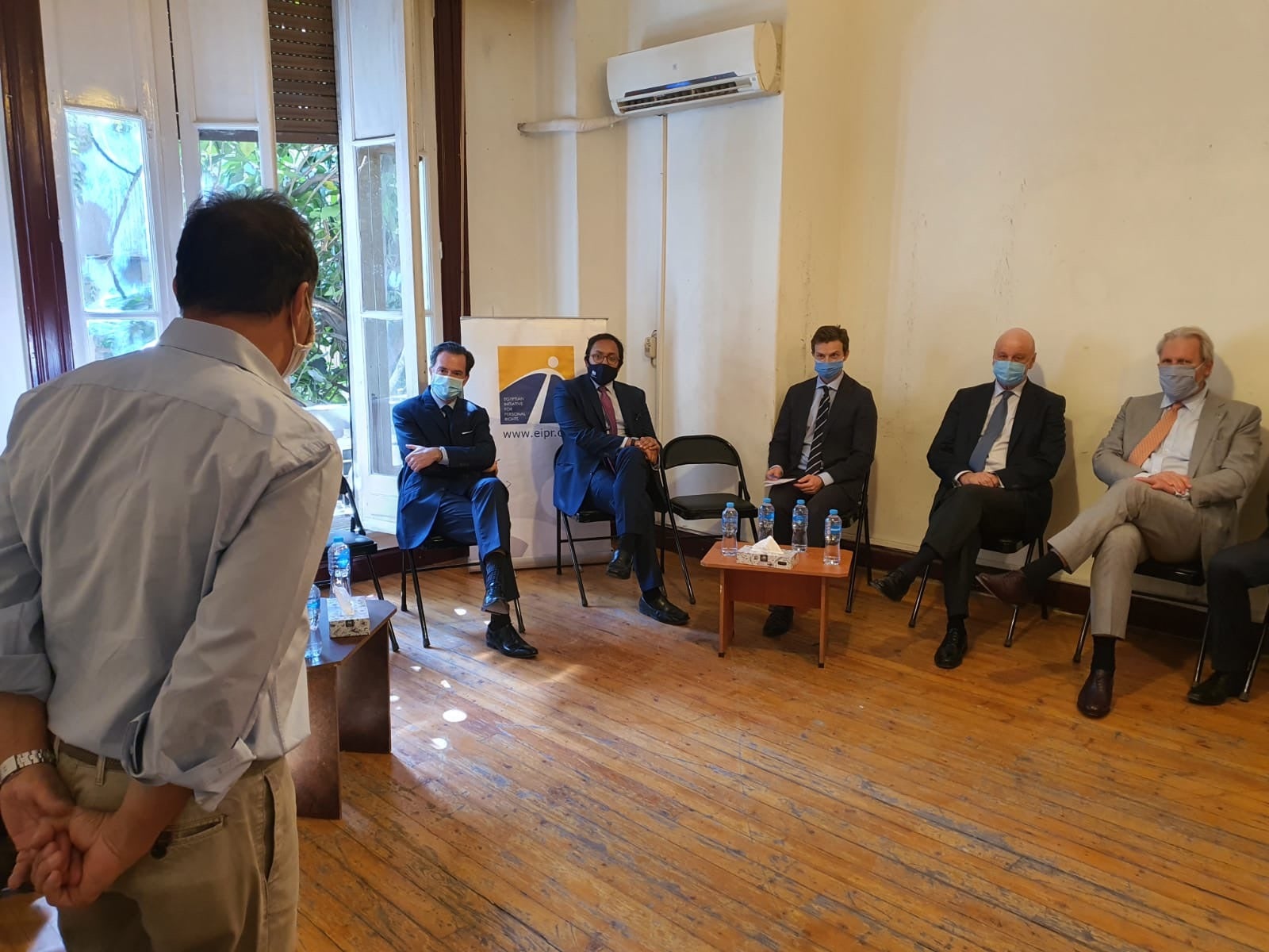 Several European diplomats attend a meeting at the Egyptian Initiative for Personal Rights' (EIPR) office in Cairo on November 3, 2020.