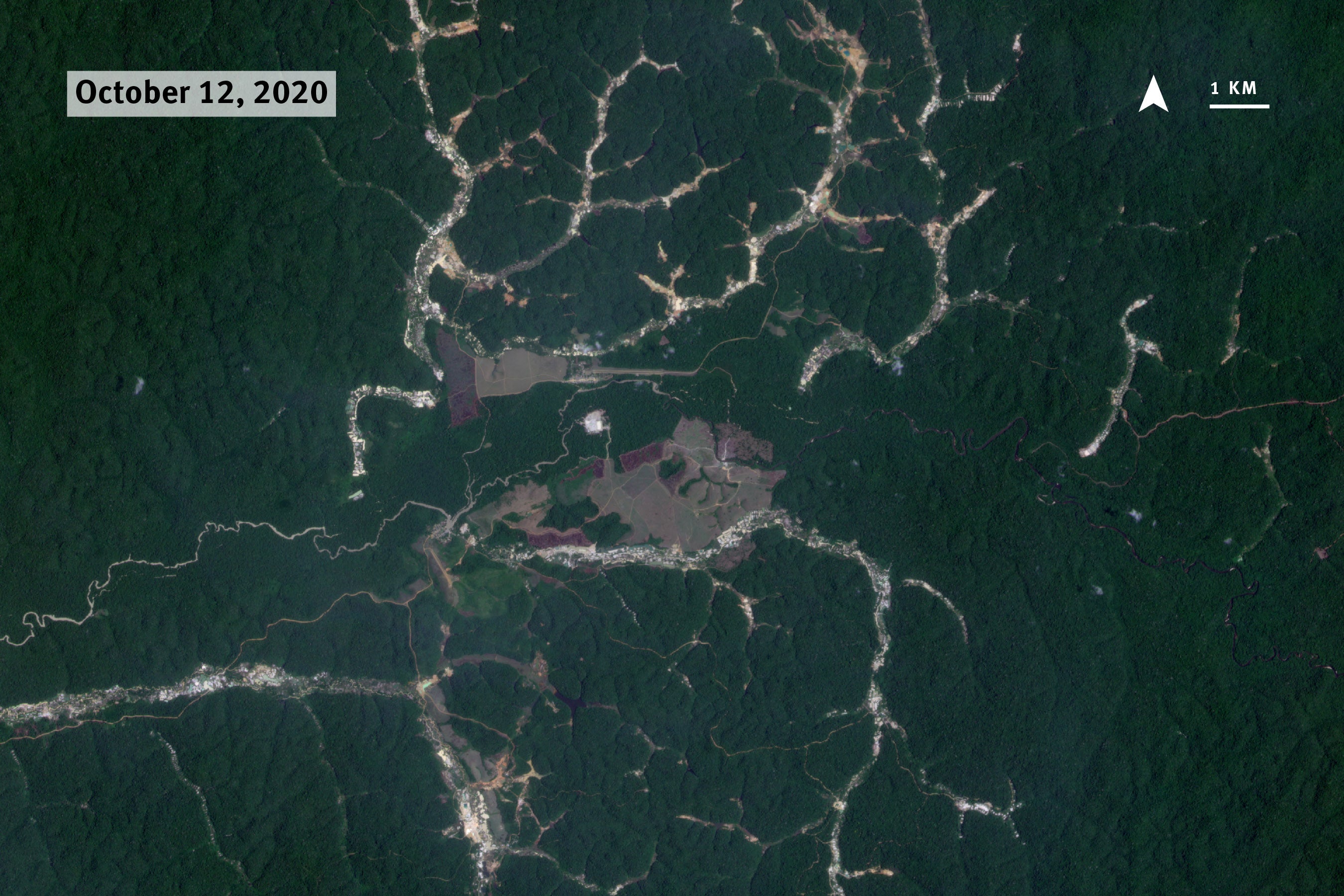 A satellite image of mining sites in the Amazon