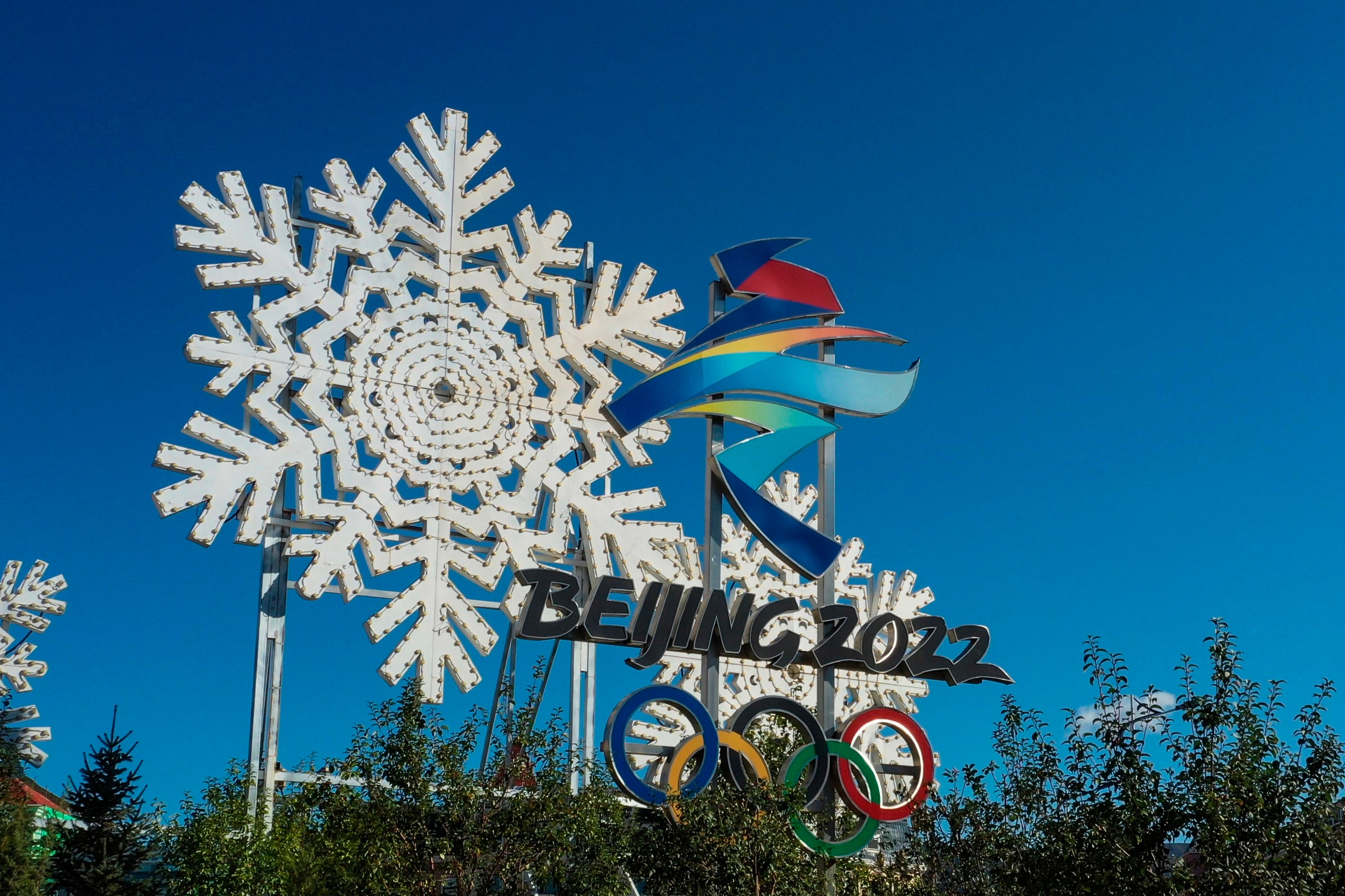 Photo of the Olympic and Paralympic Winter Games logo in Zhangjiakou City where the 2022 Winter Olympic Games will take place, September 17, 2020, Zhangjiakou City, Hebei Province, China. © 2020 Imaginechina via AP Images