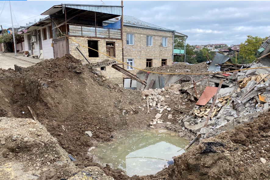 Impact crater in a residential neighborhood in Stepanakert