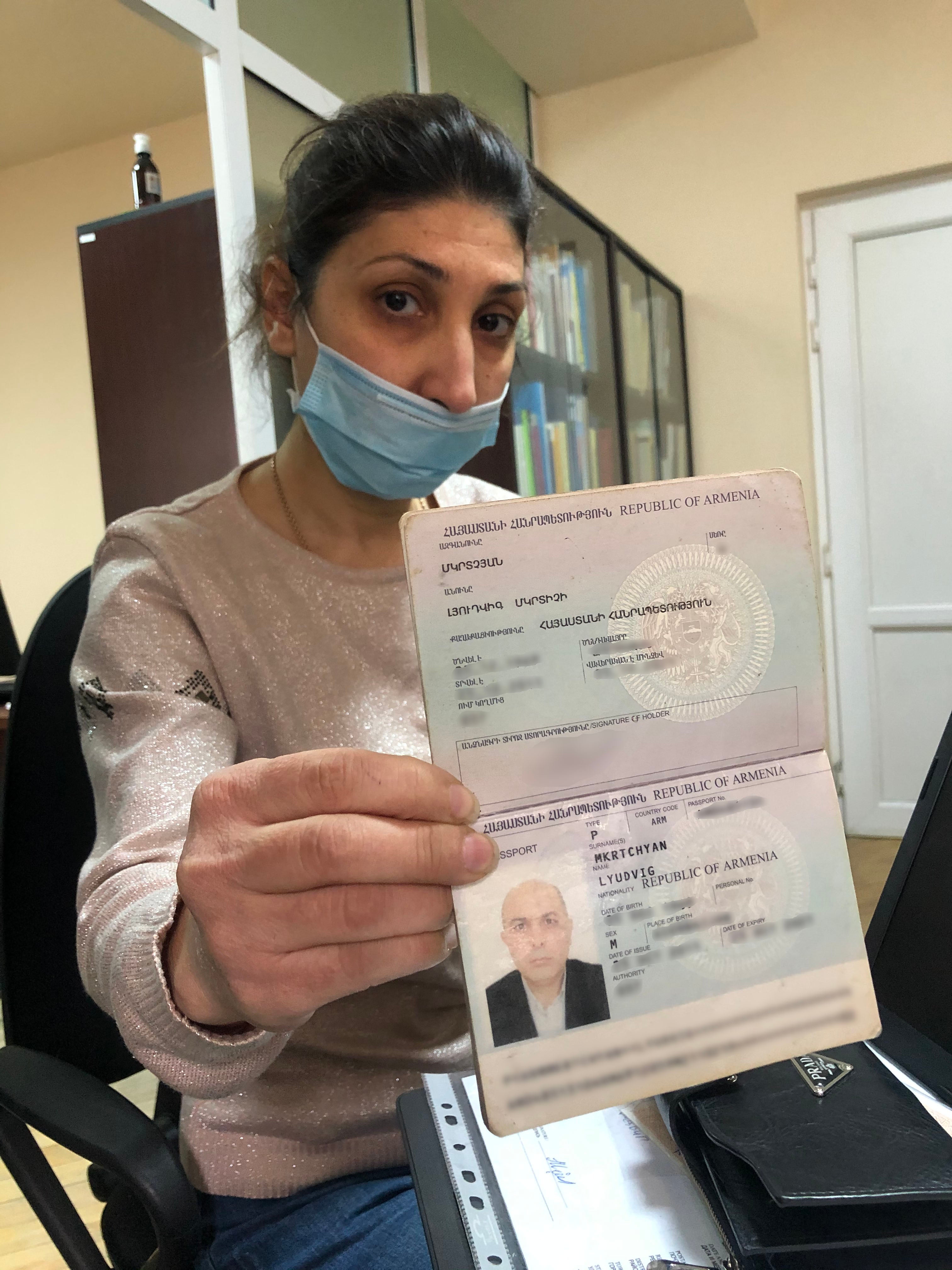 Hranush Shahbazyan, spouse of Ludvig Mkrtchyan, show her husband’s passport to Human Rights Watch. Yerevan, November 2020.