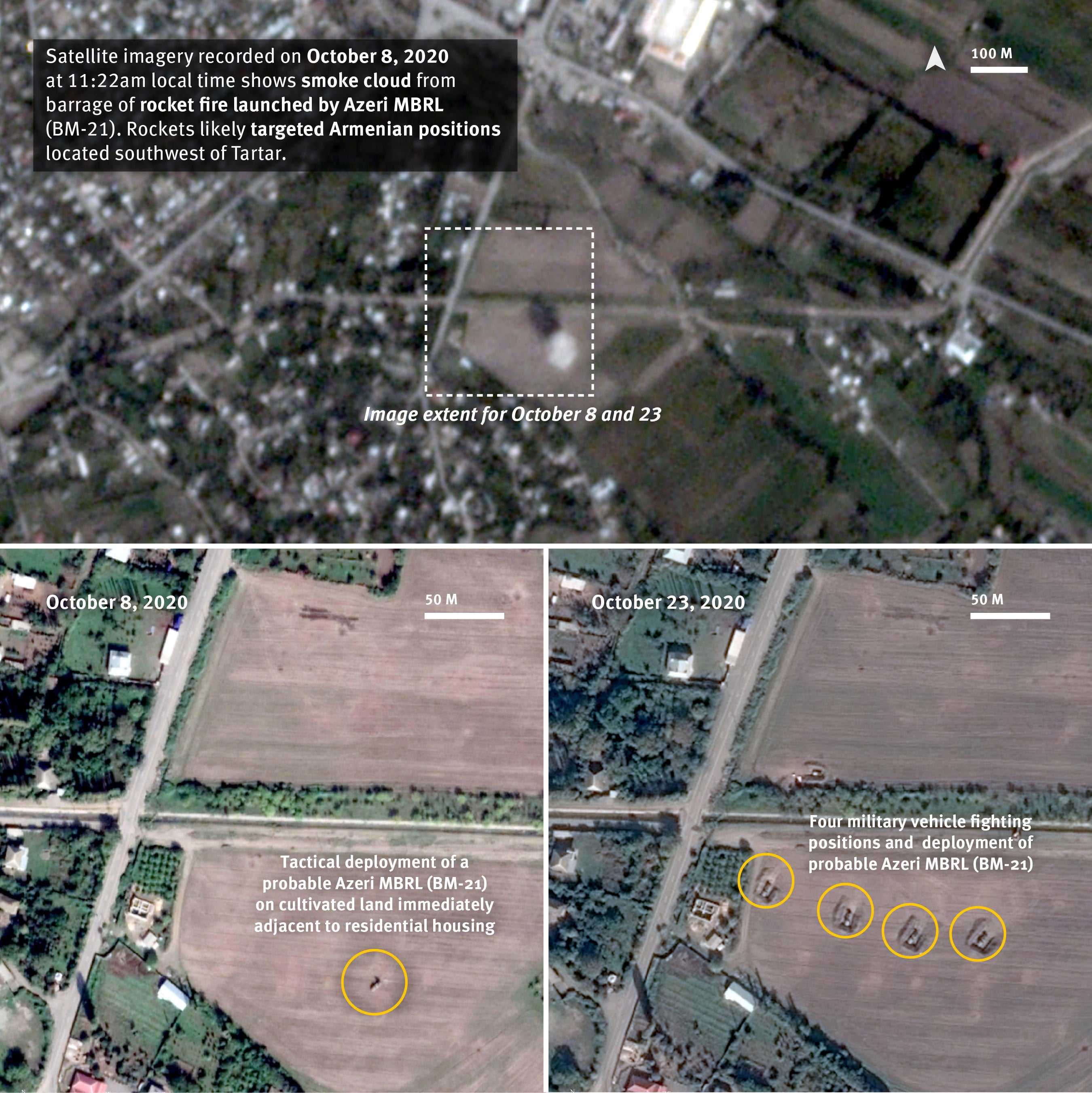 Close-up 2. Satellite imagery recorded on October 8 and 23, 2020 shows new tactical deployments on cultivated fields adjacent to residential areas of the cities of Tartar, Shalabad and Duyarli. 