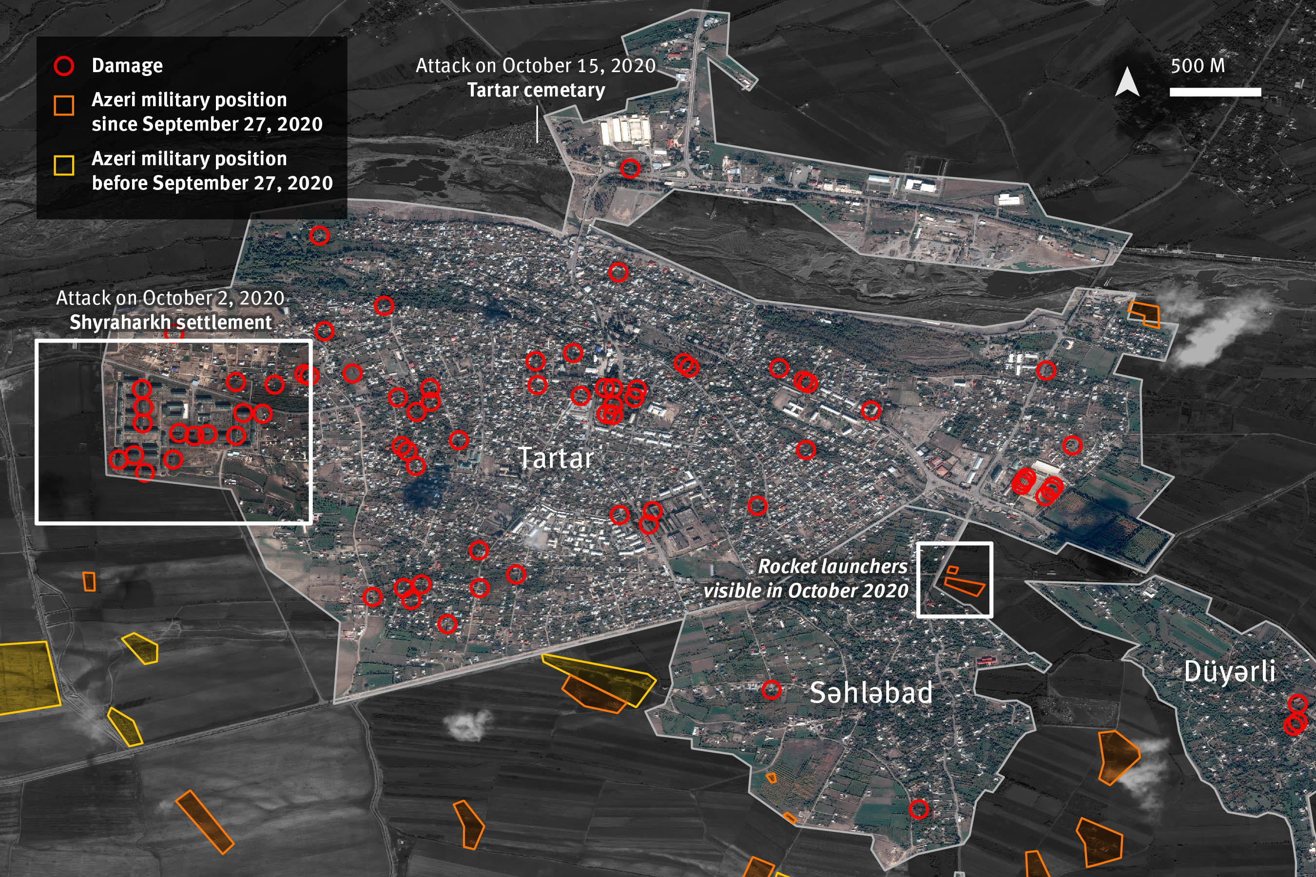 Map 2. Satellite imagery analysis of damaged sites and military positions established during October 2020 in the city of Tartar, as of October 23, 2020. 