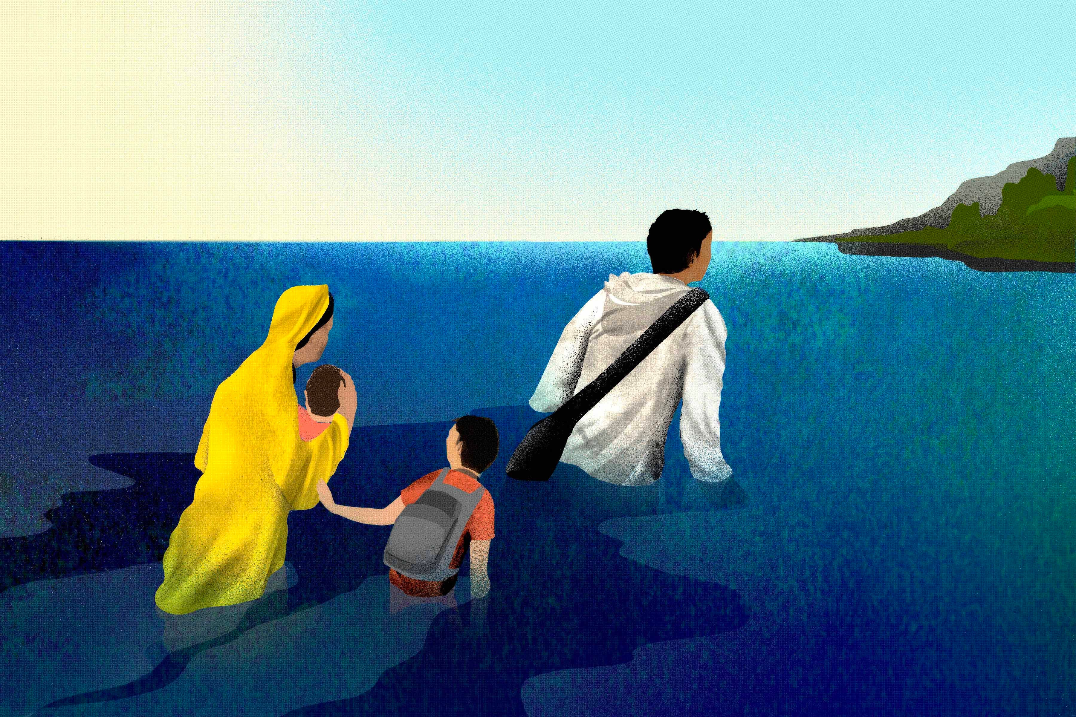 An illustration of a family walking through water