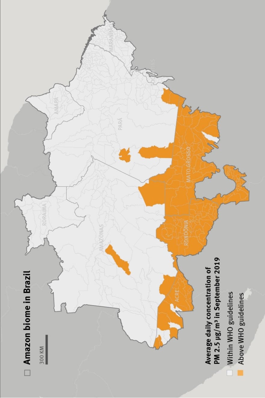 Amazon Biome were exposed to harmful pollution levels of fine particulate matter, known as PM 2.5, that exceeded the threshold recommended by the World Health Organization to protect health