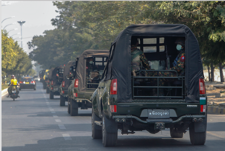 A convoy of army vehicles patrol the streets in Mandalay, Myanmar, Wednesday, Feb. 3, 2021. In the early hours of Monday, Feb. 1, 2021, the Myanmar army took over the civilian government of Aung San Suu Kyi in a coup.