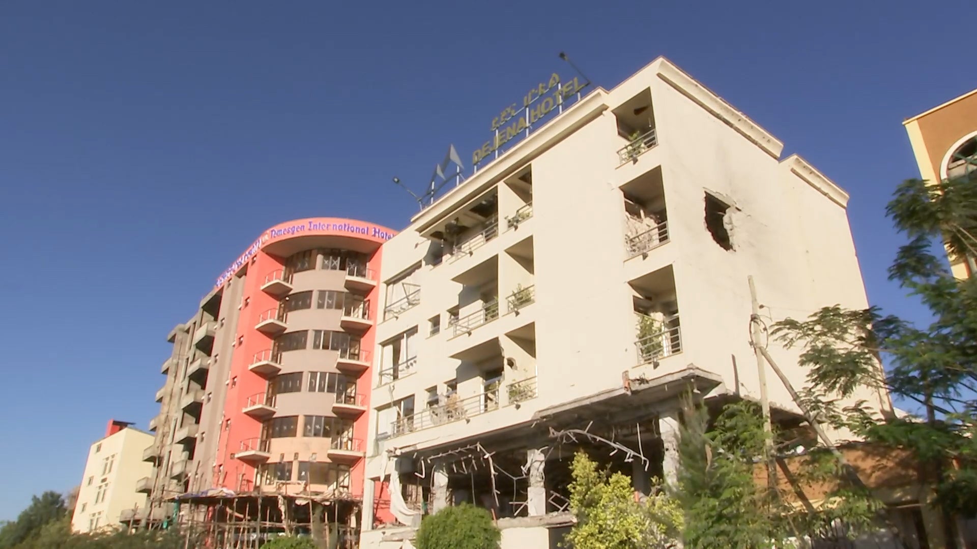 Damage to the wall of the Dejena hotel in Shire, Tigray region, possibly caused by rocket launched during shelling in November 2020.