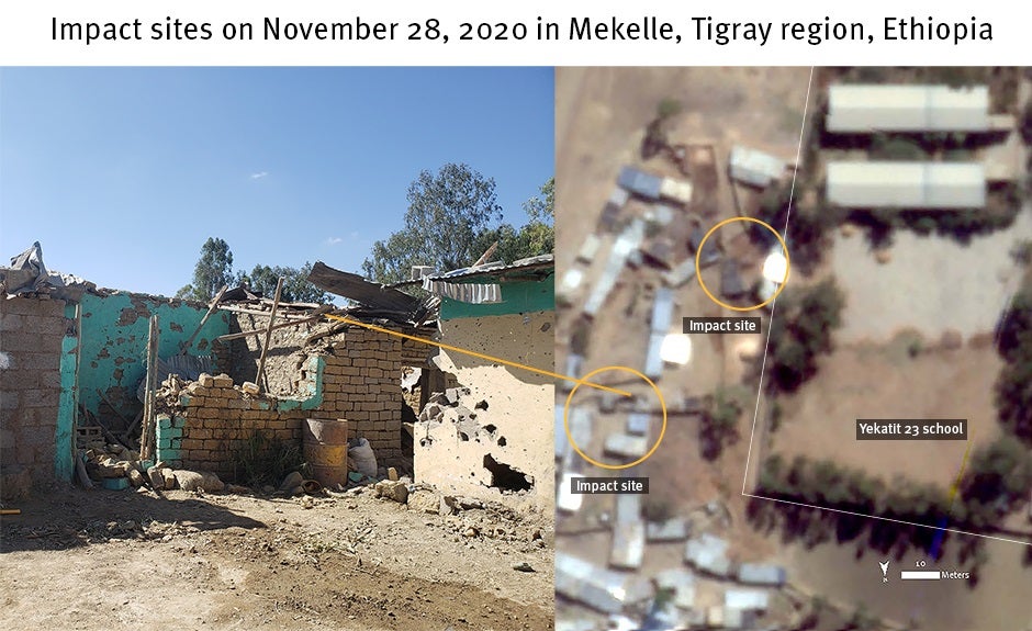 Photograph on the left shows damage to two buildings corresponding with damage visible from the satellite imagery shown on the right. 
