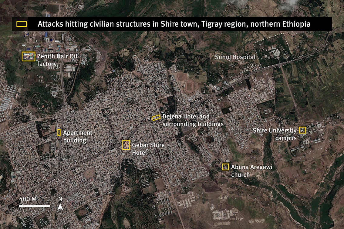 Sites d’attaques menées par les forces éthiopiennes contre la ville de Shire dans la région du Tigré, dans le nord du pays, en novembre 2020.  Les rectangles jaunes montrent des structures civiles touchées, ou situées près des lieux des frappes. 