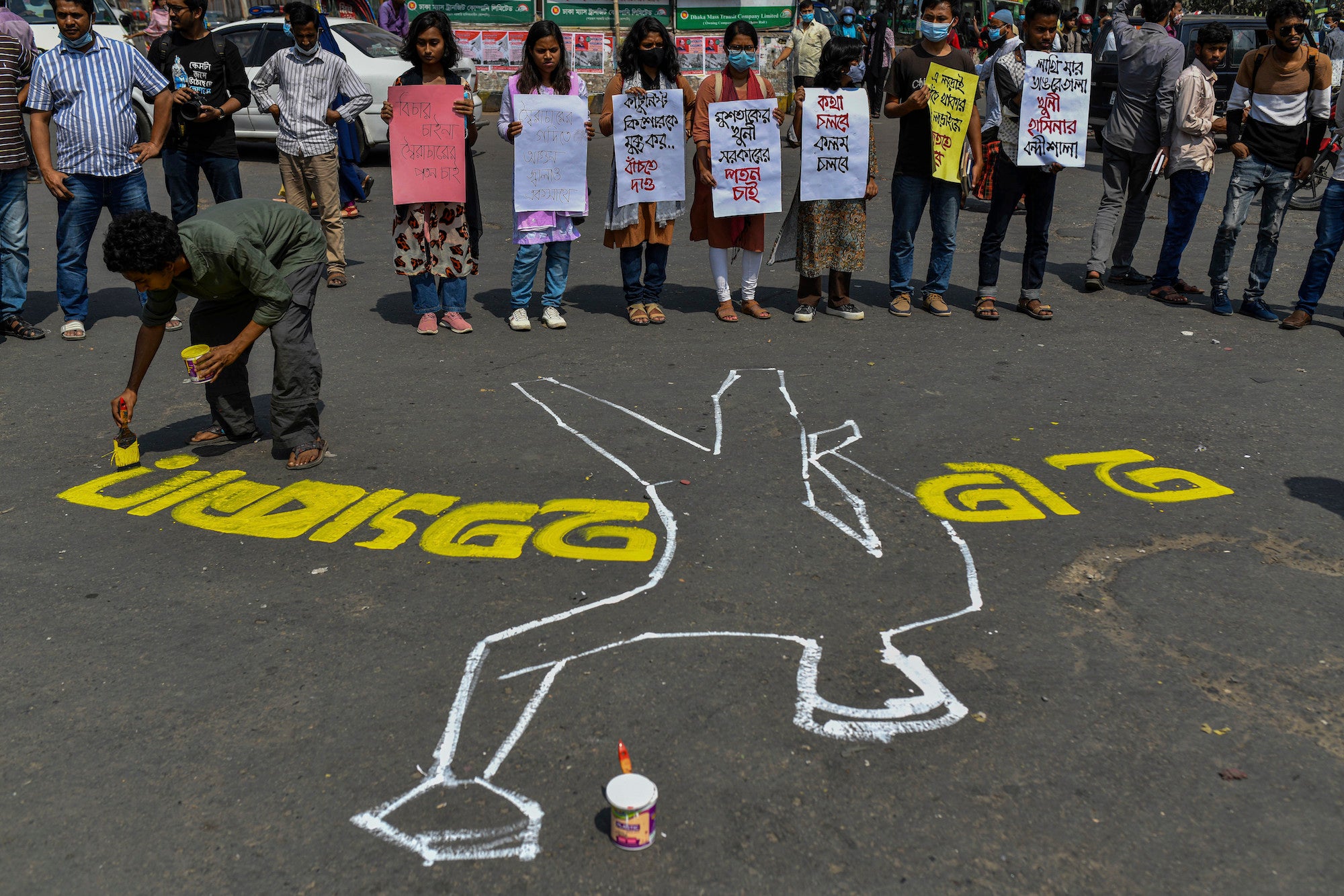 Activists and students demonstrate against writer Mushtaq Ahmed’s death in police custody, Dhaka, Bangladesh, February 26, 2021.