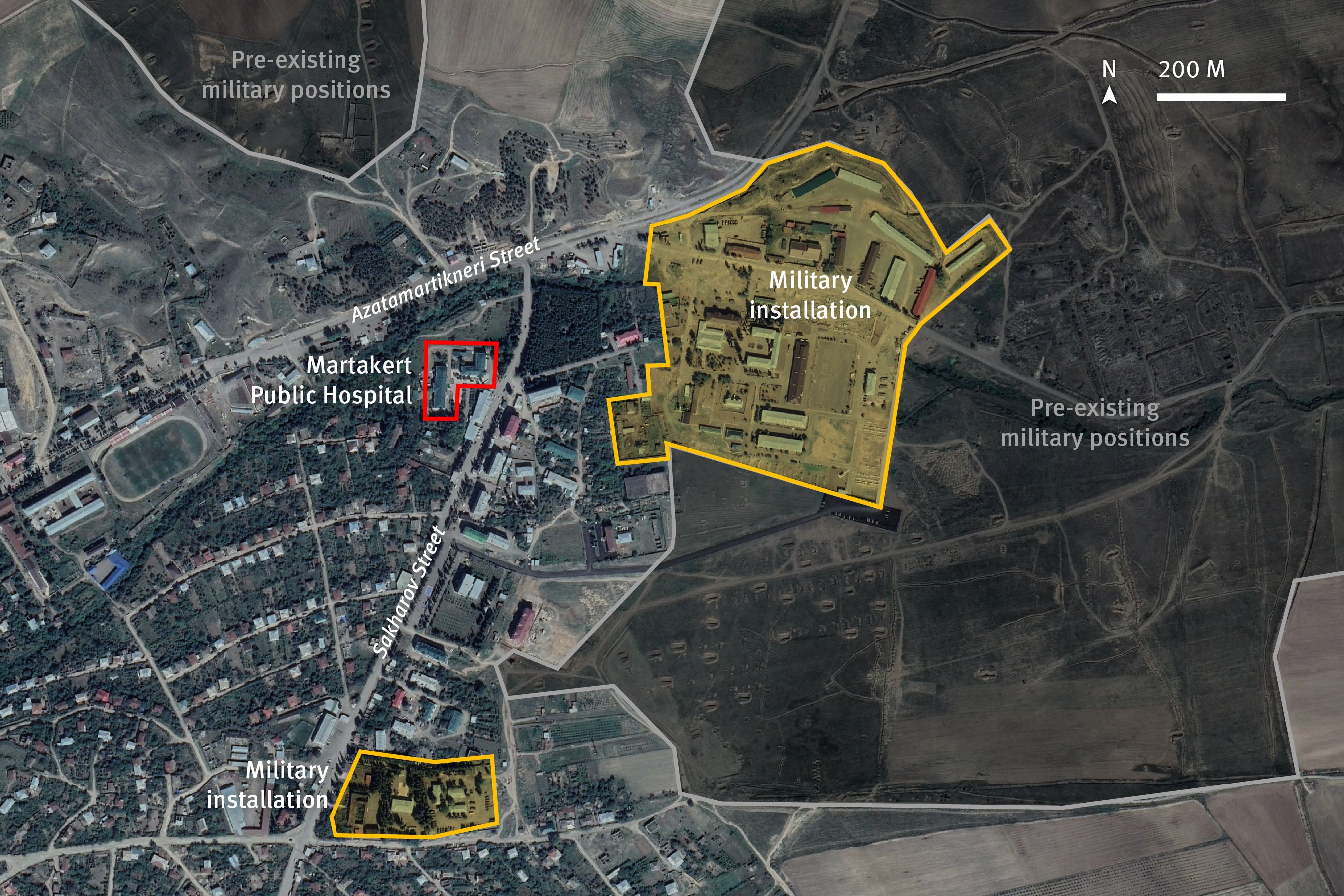 Location of potential military objects in the vicinity of the public hospital in Martakert. Satellite image date September 19, 2020.