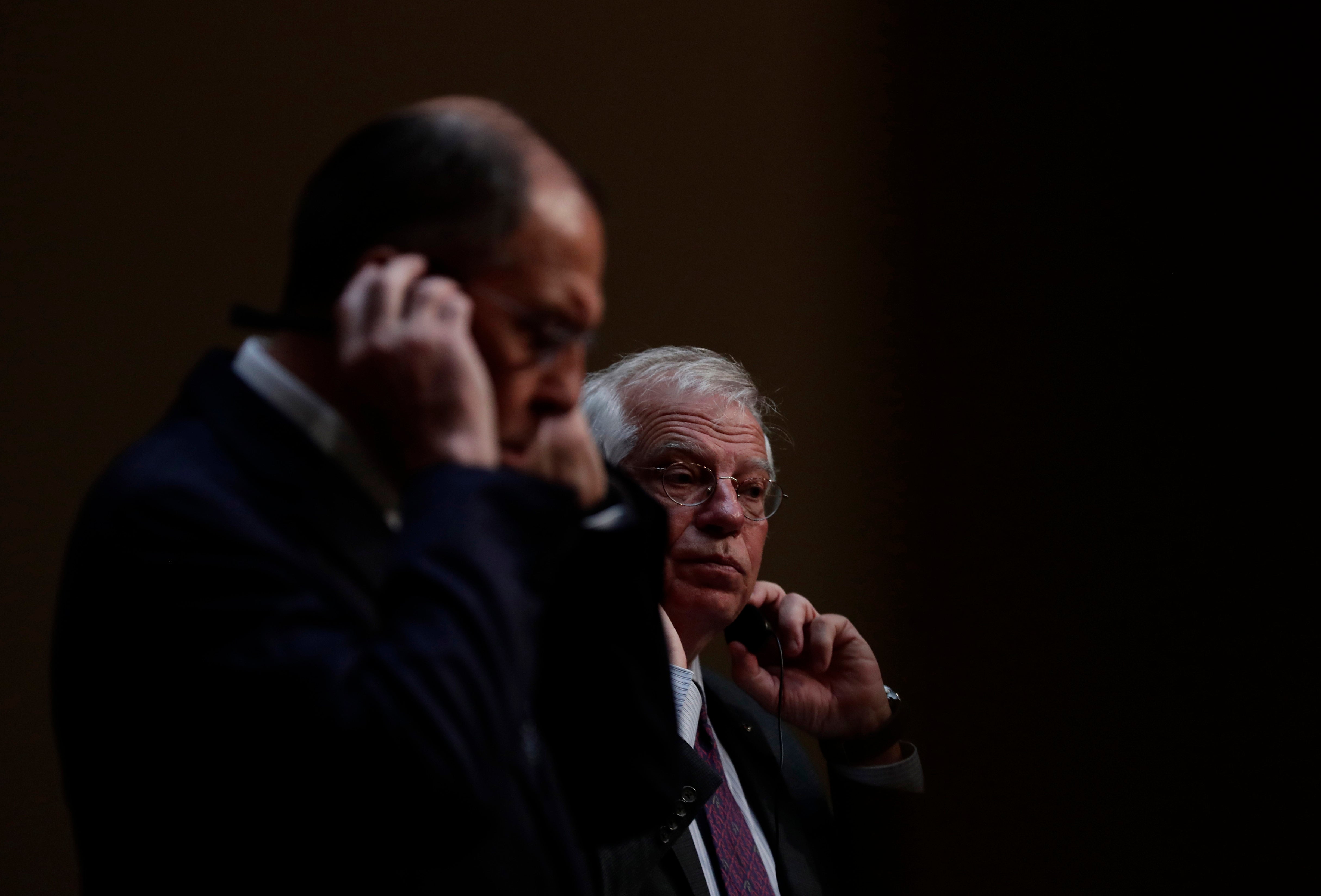 Russian Foreign Minister Sergei Lavrov, left, next to now-High Representative of the European Union for Foreign Affairs Josep Borrell after a meeting at the foreign ministry in Madrid, Spain, Tuesday, November 6, 2018. 