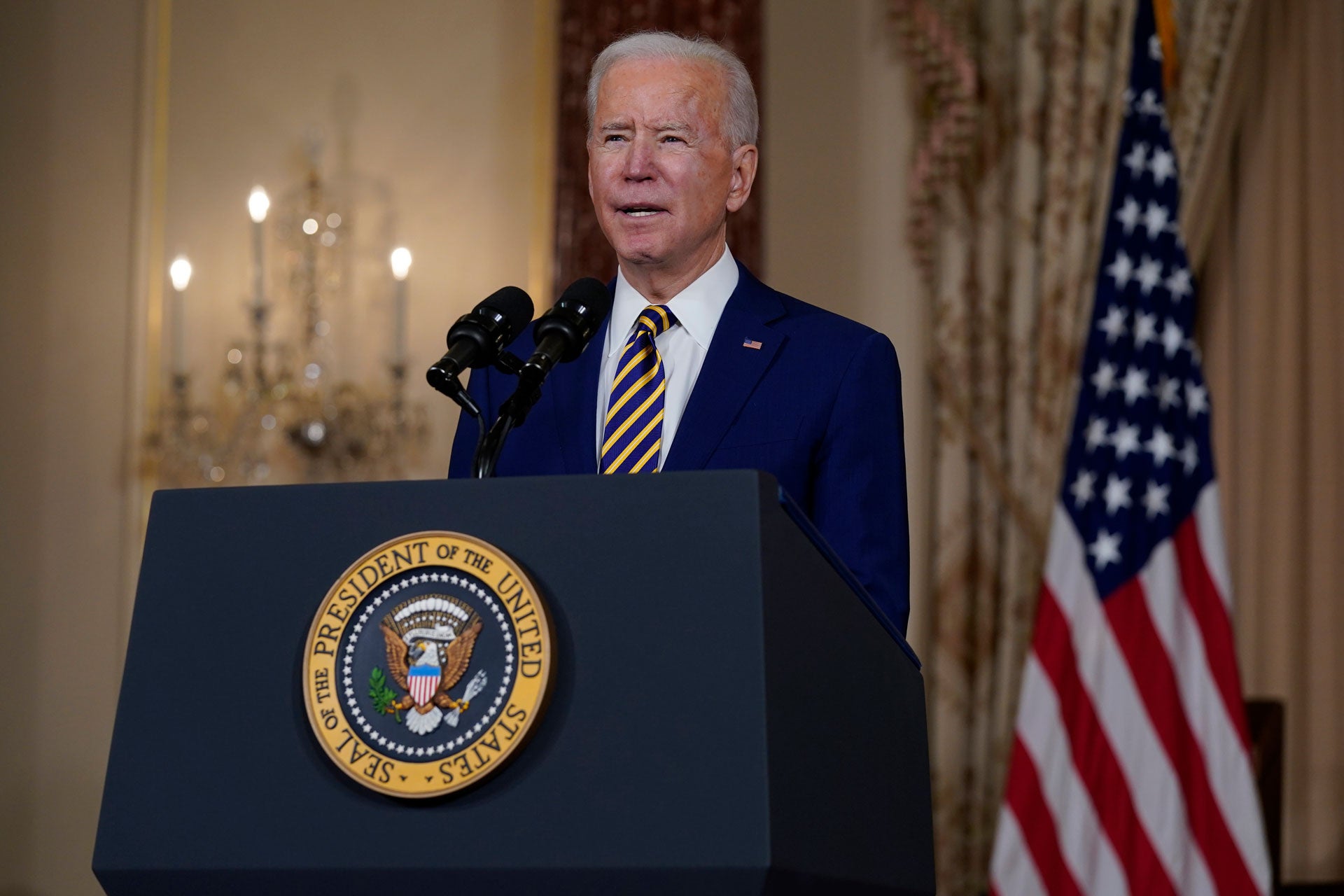 President Joe Biden speaks about foreign policy, at the State Department in Washington, February 4, 2021. 