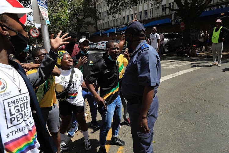 Three protesters were arrested and taken to the Hillbrow police station on Wednesday.