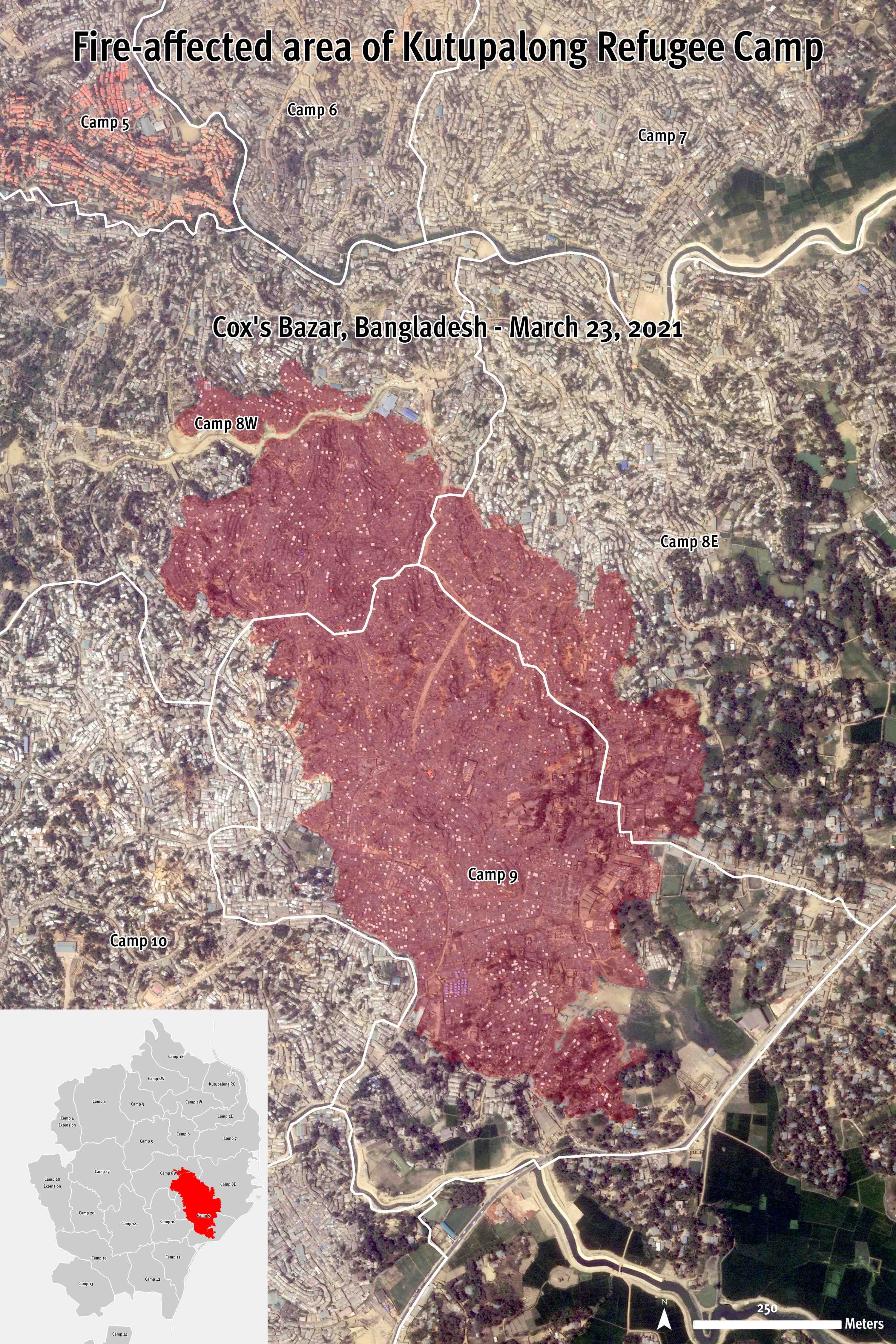 Human Rights Watch analyzed satellite imagery collected after the fire in Kutupalong Refugee Camp on March 22, 2021. Imagery recorded the next day shows a fire-affected area of approximately 61 hectares. The majority of the destruction is concentrated in Camp 9, Camp 8E, and Camp 8W, including the estimated destruction of at least 10,000 shelters.