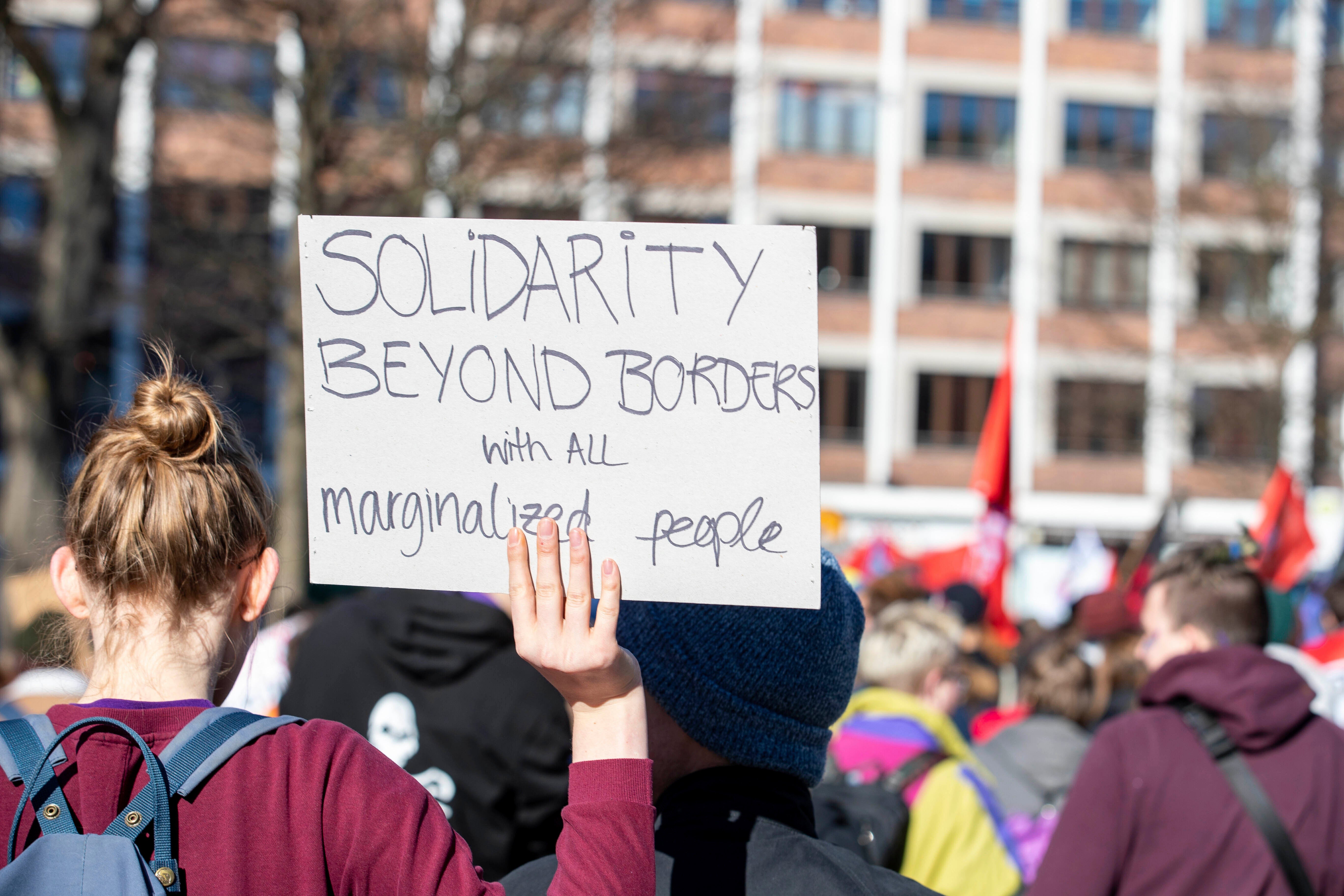 A participant at a feminist protest on international women’s day in Munich, Germany on 8 March 2020.